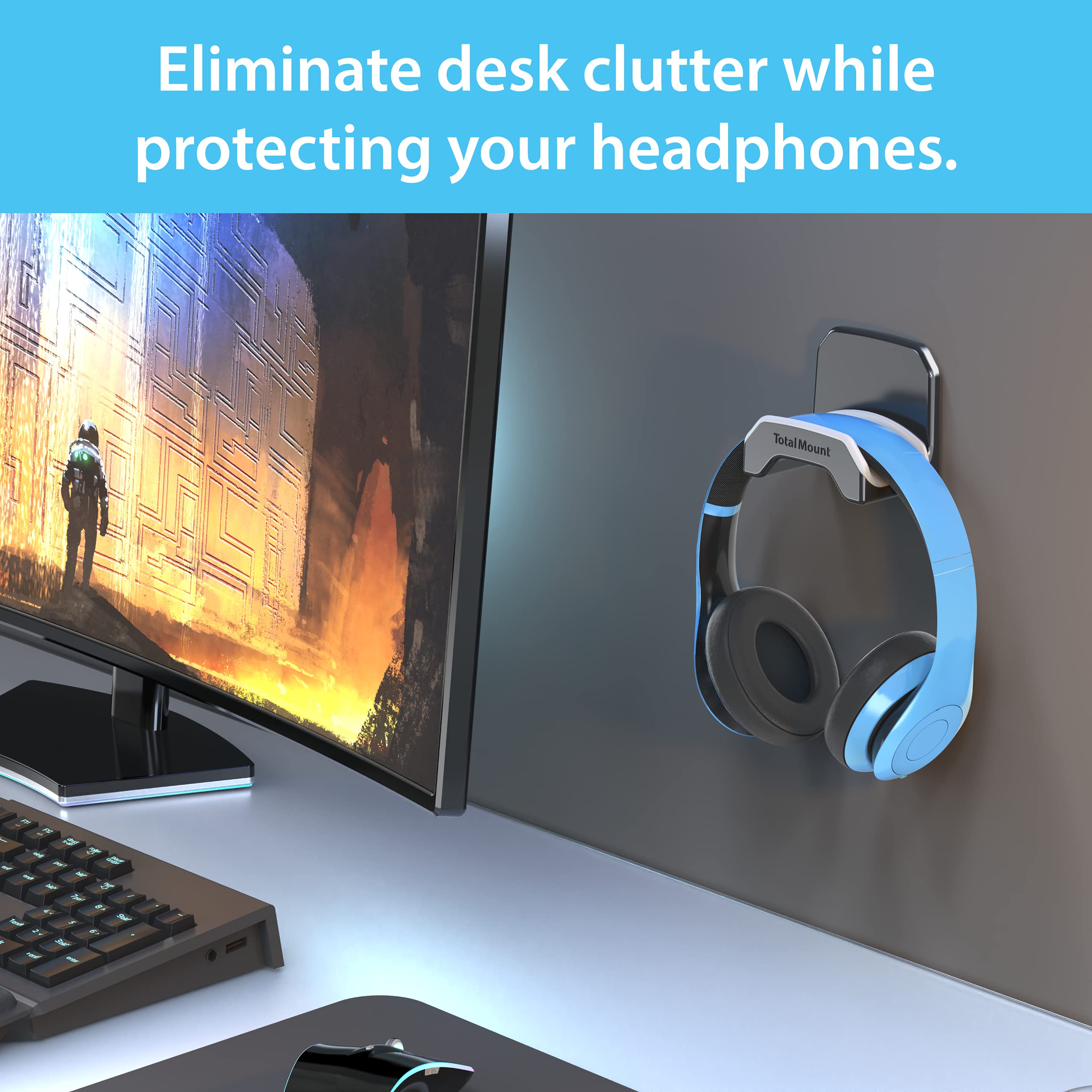 TotalMount Gaming Headset Hanger - Damage-Free Wall/Desk/PC Mount with Removable Adhesive Strips, Black Headphone Hook & Premium Silicone Cradle (1-Pack) - Perfect for Gaming Setups, Home Offices & Workstations