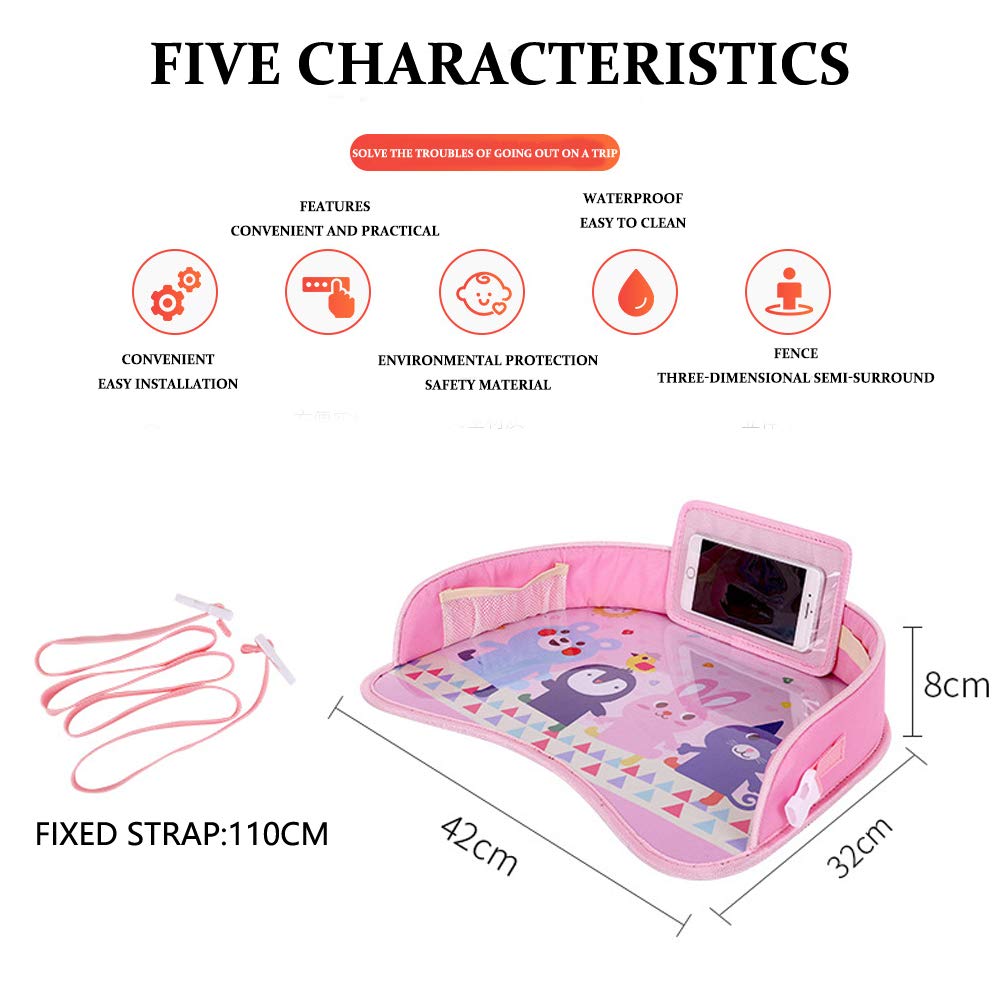 Hovome Waterproof Travel Tray for Car Seat - Play Snack Tray with Storage, Portable Meal Tray for Kids (Pink) - Perfect for Road Trips, Airplane Travel & Snack Time