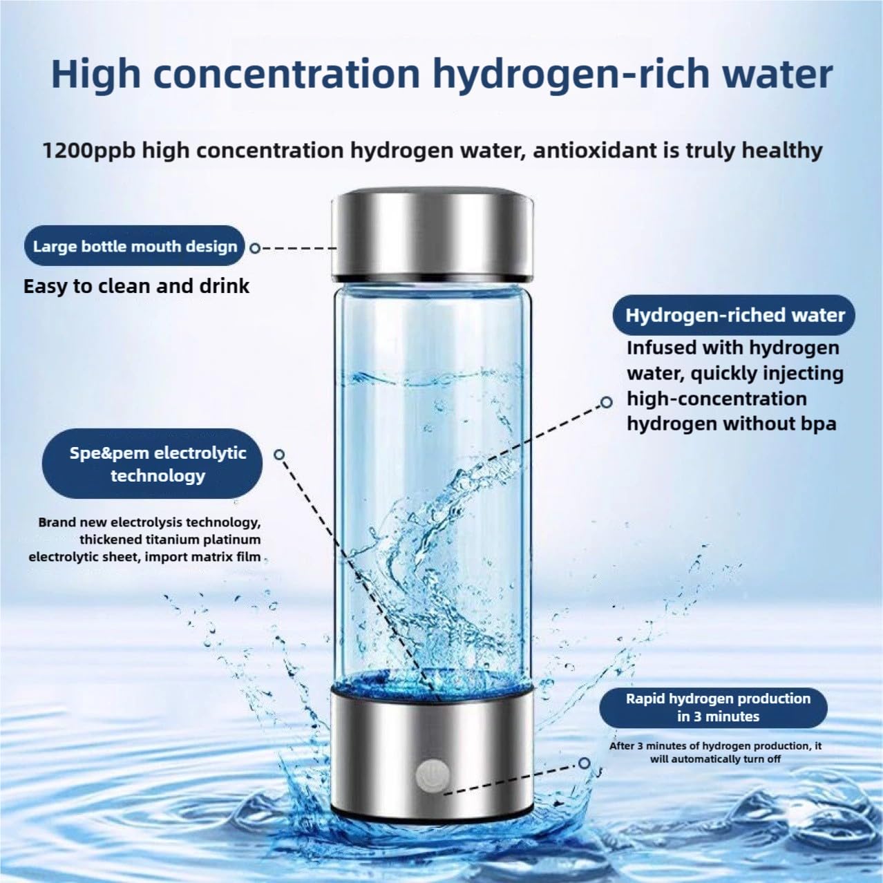 Premium Hydrogen Water Bottle Generator with SPE & PEM Technology - 2500-3000ppb H2 Infuser for Office & Travel - Portable Water Ionizer for Health & Wellness - Perfect for Hydration On-The-Go & Active Lifestyle