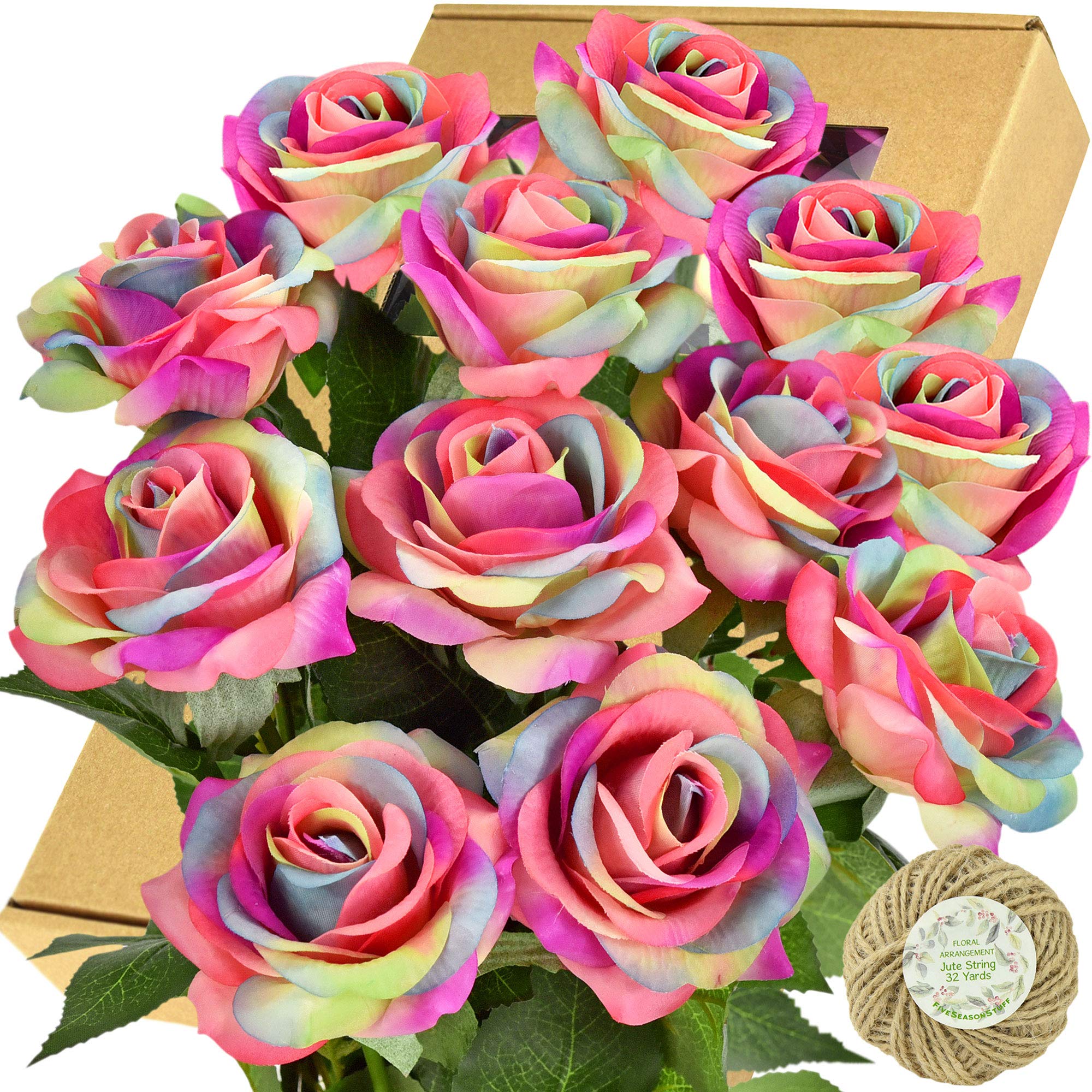 Real Touch Silk Artificial Roses - 12 Stems Fake Wedding Flowers for Bouquets, Centerpieces & Home Decor | Rainbow Colored Fake Roses for Wedding, Party & DIY Crafts