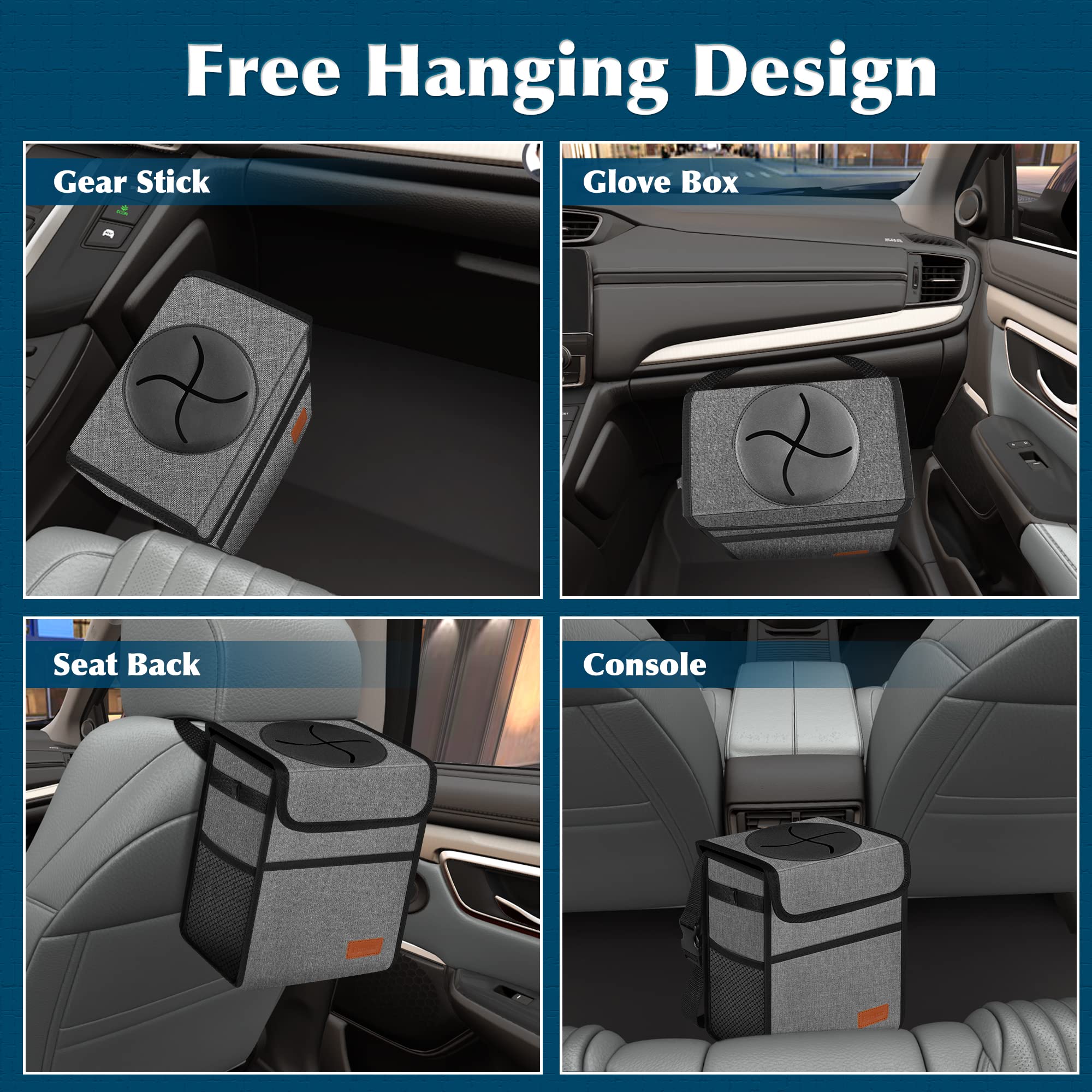 Femuar Leak Proof Waterproof Car Trash Can with Lid - Collapsible Hanging Garbage Bag for SUV Front Seat, Portable Car Trash Organizer with Storage Mesh Pocket, Grey - Ideal for Road Trips, Commuting, and Family Travel