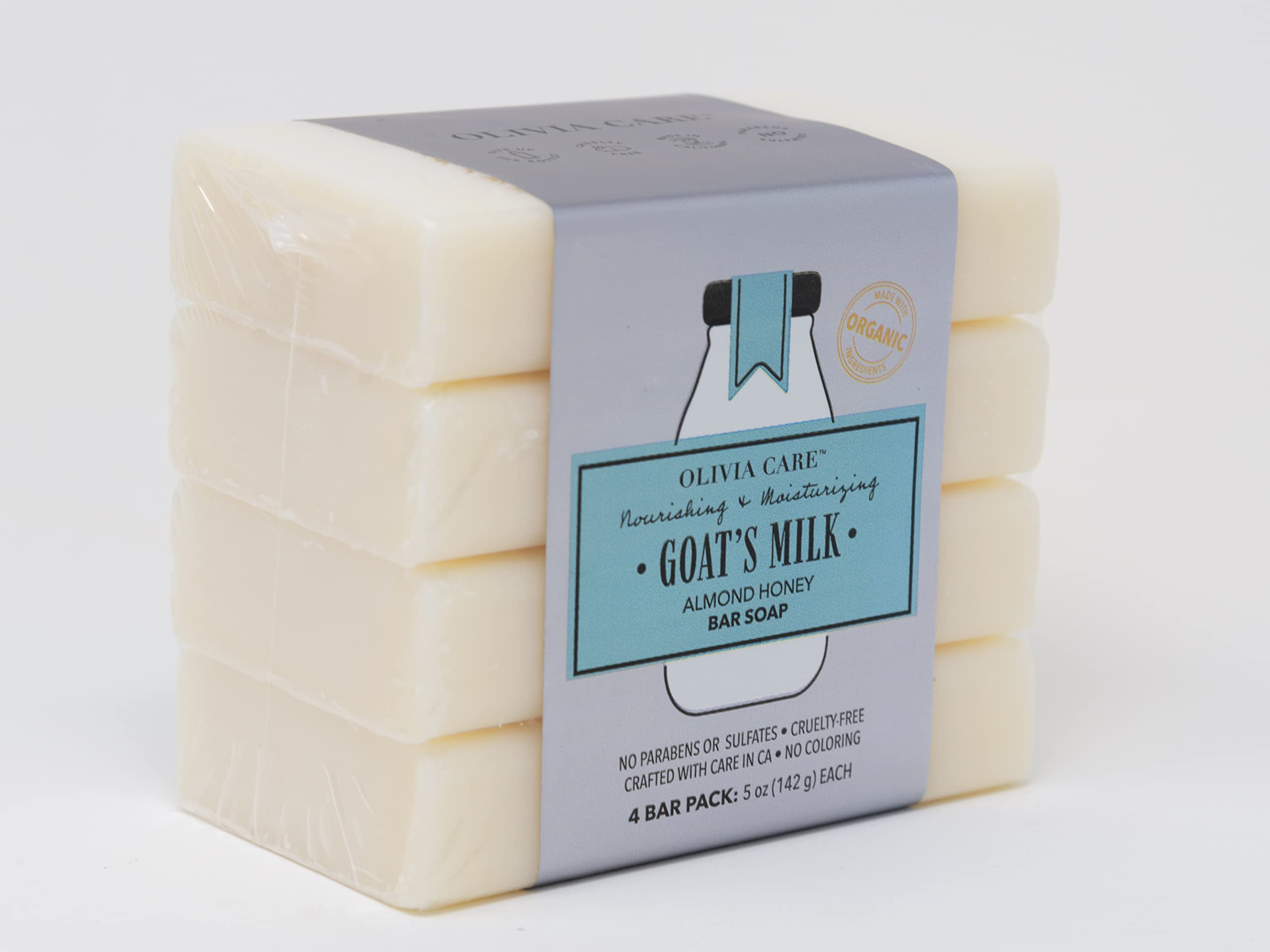 Olivia Care Organic Goat's Milk Soap Bar 4-Pack (5 oz Each) - Almond Honey Scent, Made in USA | Gentle Cleansing for Dry, Sensitive Skin - Perfect for Face, Body & Hand Wash