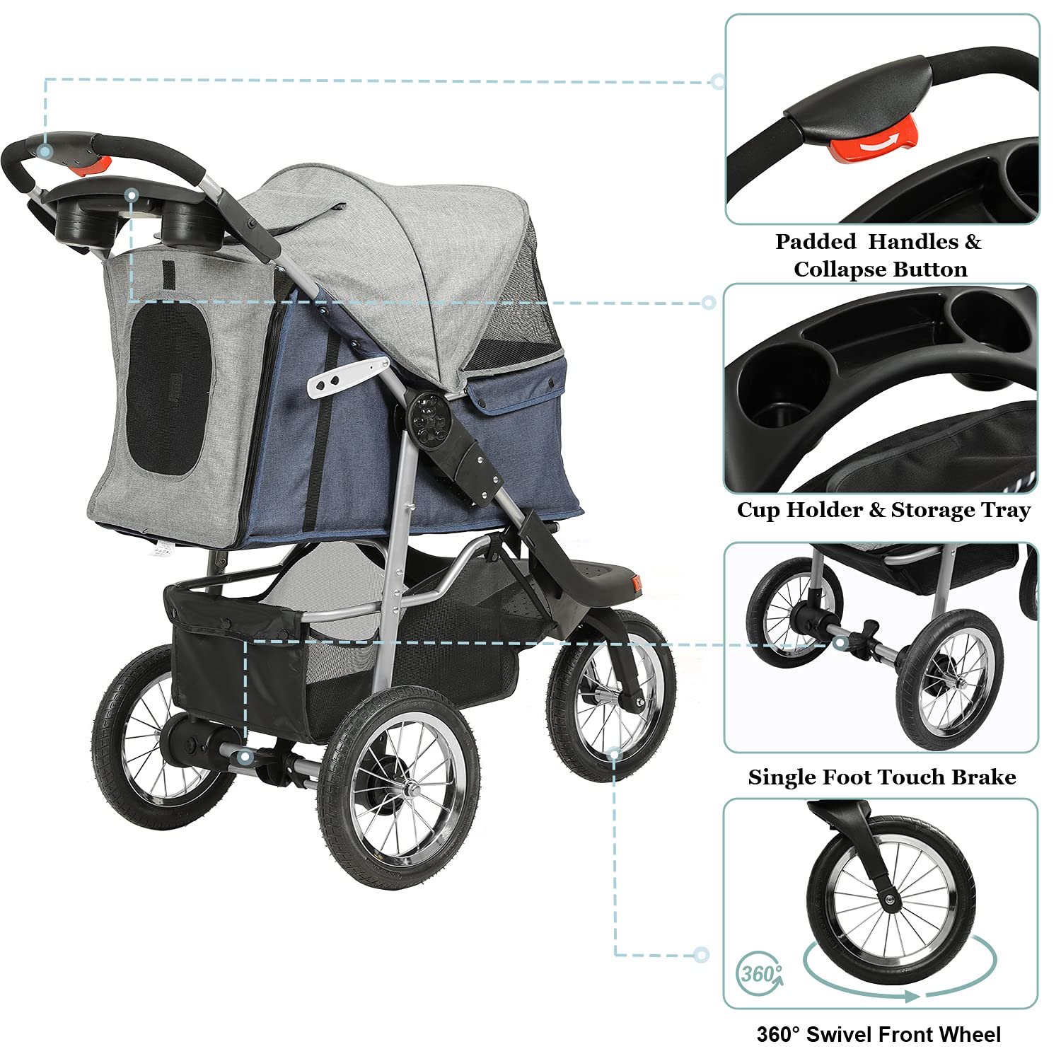 VIAGDO Premium Heavy Duty Pet Stroller for Small & Medium Dogs & Cats - 3-Wheel Foldable Dog & Cat Carrier with Suspension System, Link Brake & One-Hand Fold - Supports Up to 55 lbs (Blue & Grey) - Perfect for Vet Visits, Outdoor Walks & Travel