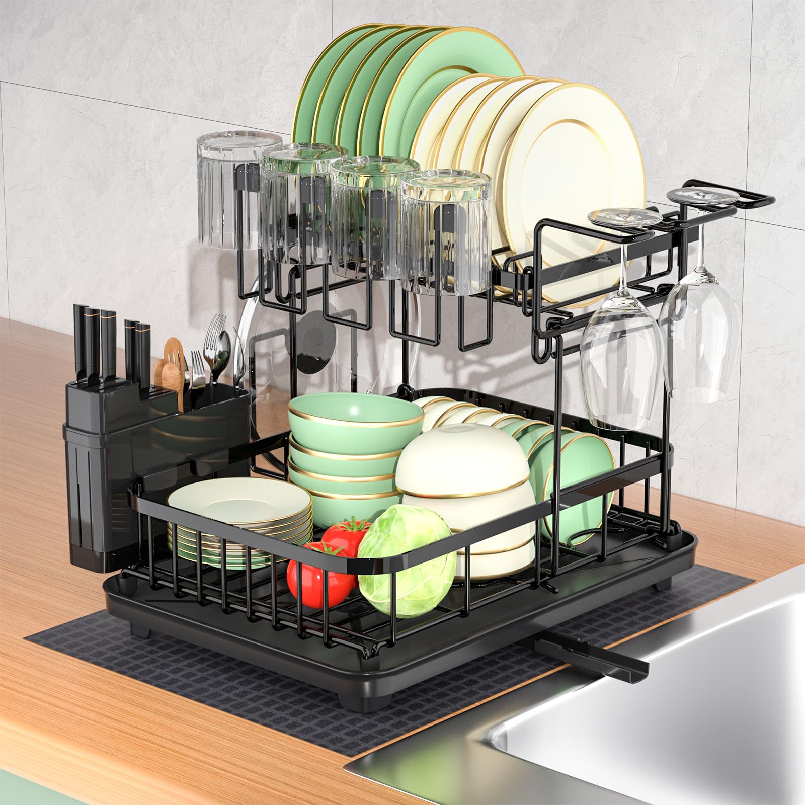 **Large 2-Tier Dish Drying Rack & Drainboard Set for Kitchen Counter - Black Dish Drainer with Utensil, Pot, Knife & Cutting Board Holders + Drying Mat - Perfect for Small Spaces, Apartments & Organized Kitchens**