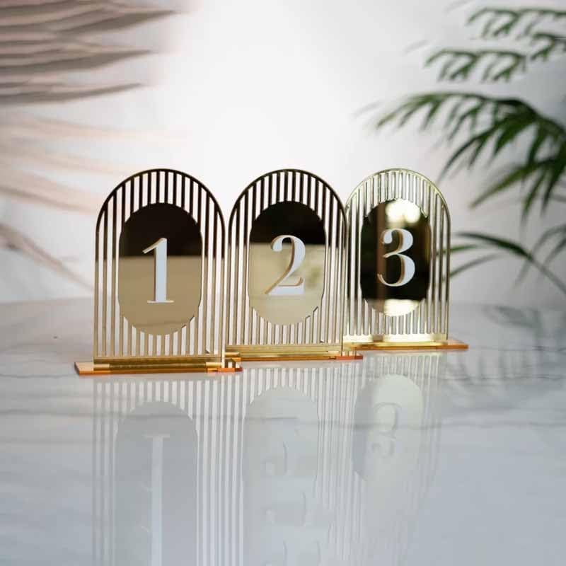 Custom Modern Arched-Shaped Wedding Table Numbers - Personalized 3D Gold Mirror Table Signs with Stand | Elegant Reception Decor for Weddings, Banquets & Special Events