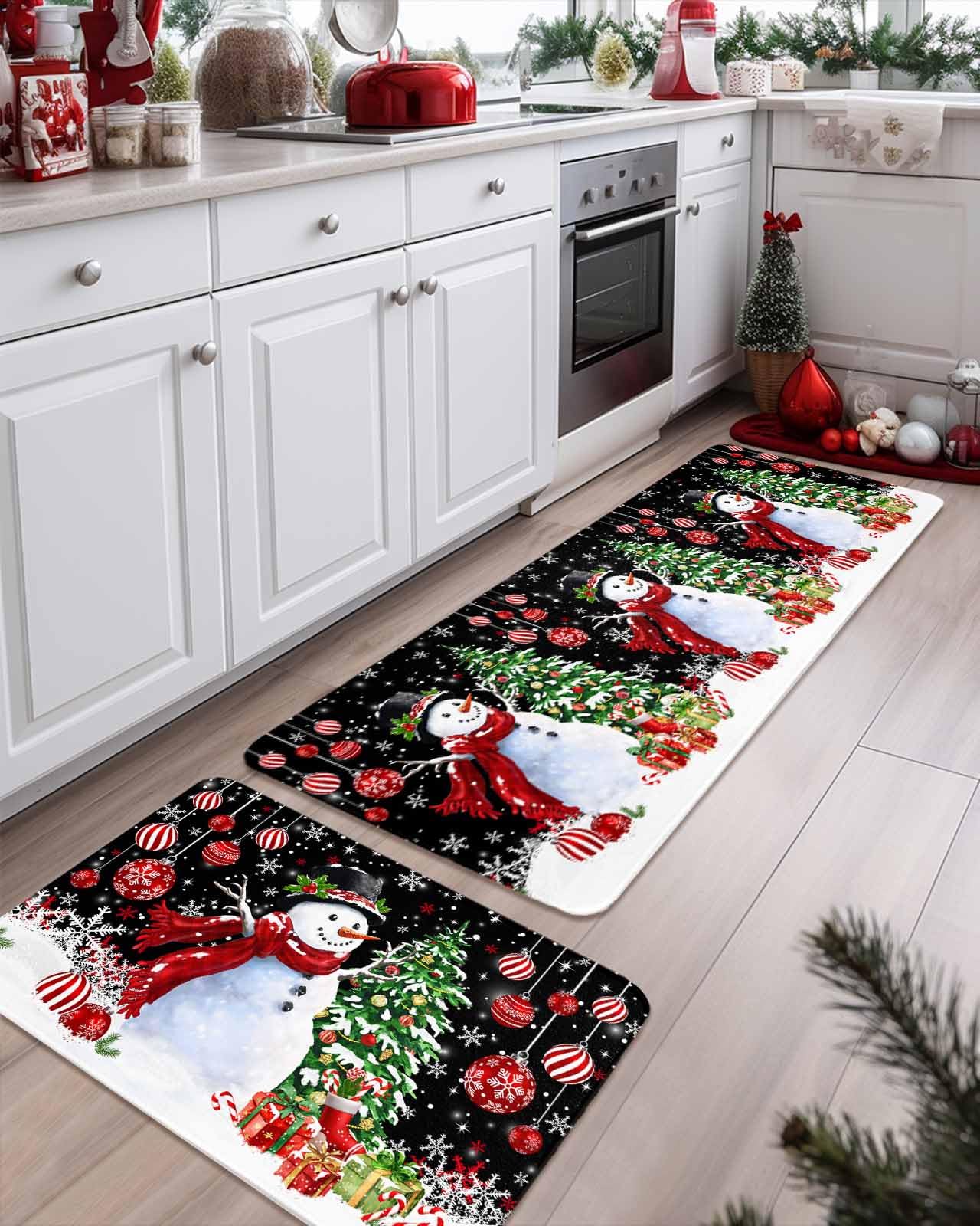 Christmas Snowman & Snowflake Kitchen Mat Set of 2 - Anti-Fatigue, Waterproof, Non-Slip Floor Mats for Kitchen & Laundry - Festive Holiday Decor for Home