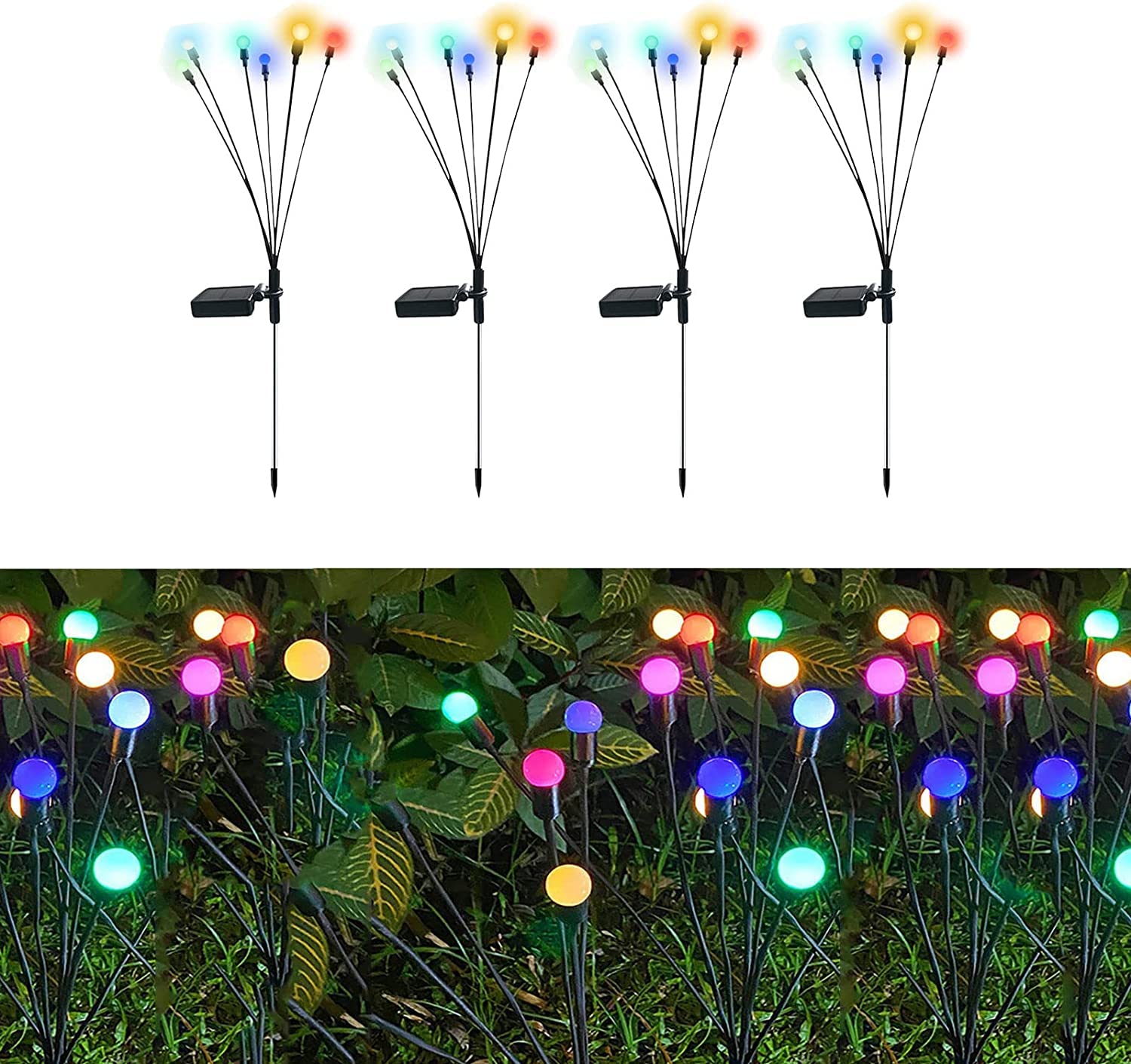2 Pack Solar Powered Firefly Lights - Outdoor Waterproof Solar Starburst Swaying Garden Lights with Wind Movement - Decorative String Lights for Patio, Yard, Pathway (4, Multicolor) - Perfect for Backyard, Garden, and Landscape Lighting