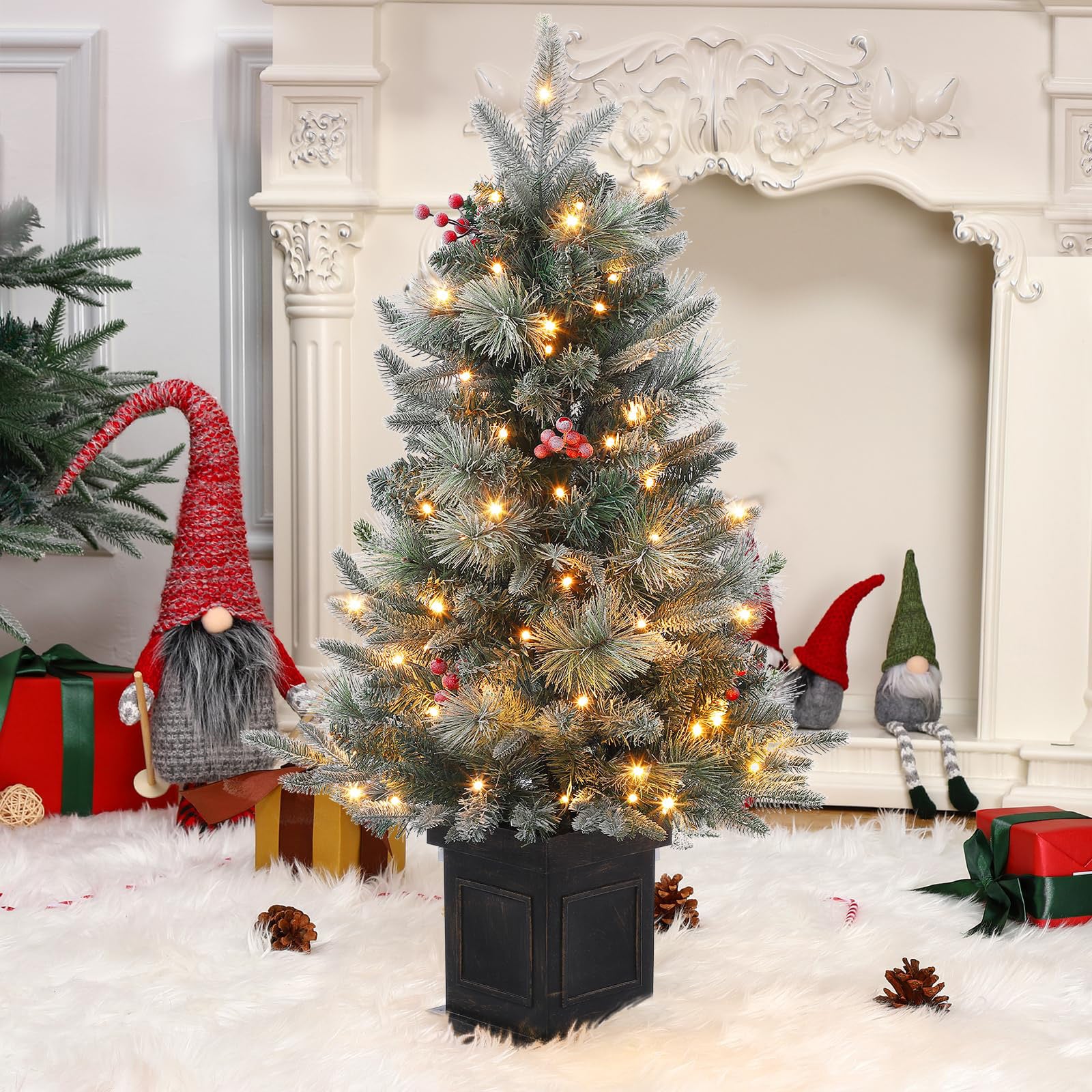 GARVEE 3 Ft Prelit Premium Snow Flocked Artificial Christmas Tree with 8 Mode Warm White LED Lights - Mini Prelit Xmas Pine Tree for Holiday Decorations | Perfect for Home, Office, Yard, Indoor & Outdoor Christmas Decor