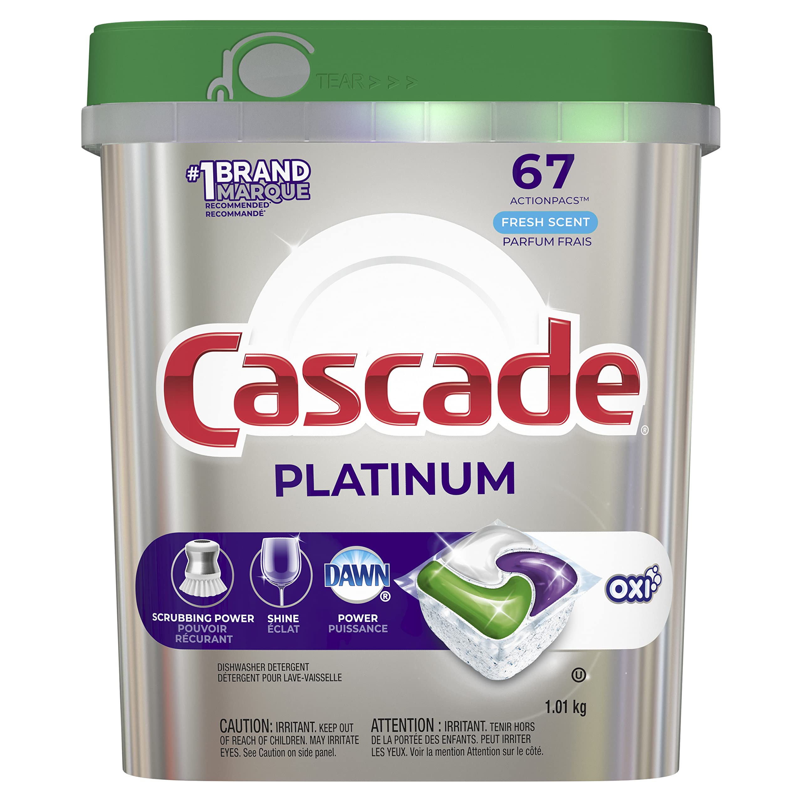 Cascade Platinum + Oxi Dishwasher Pods - 67 Count ActionPacs with Powerful Cleaning | Dishwasher Detergent for Sparkling Clean Dishes | Perfect for Daily Use & Tough Stains
