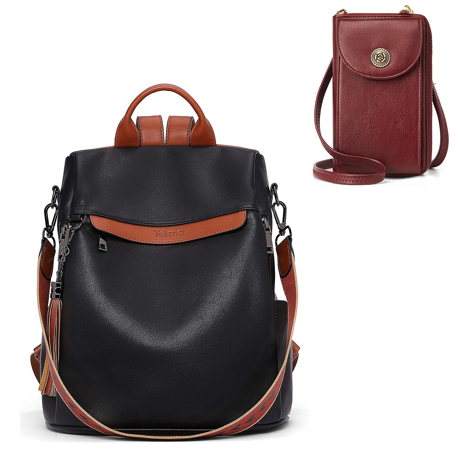 Telena Anti-Theft Travel Backpack & Crossbody Bag Set for Women - Large Shoulder Bag (Black) & Small Cellphone Purse Wallet (Red) - Perfect for Commuting, Shopping & International Travel