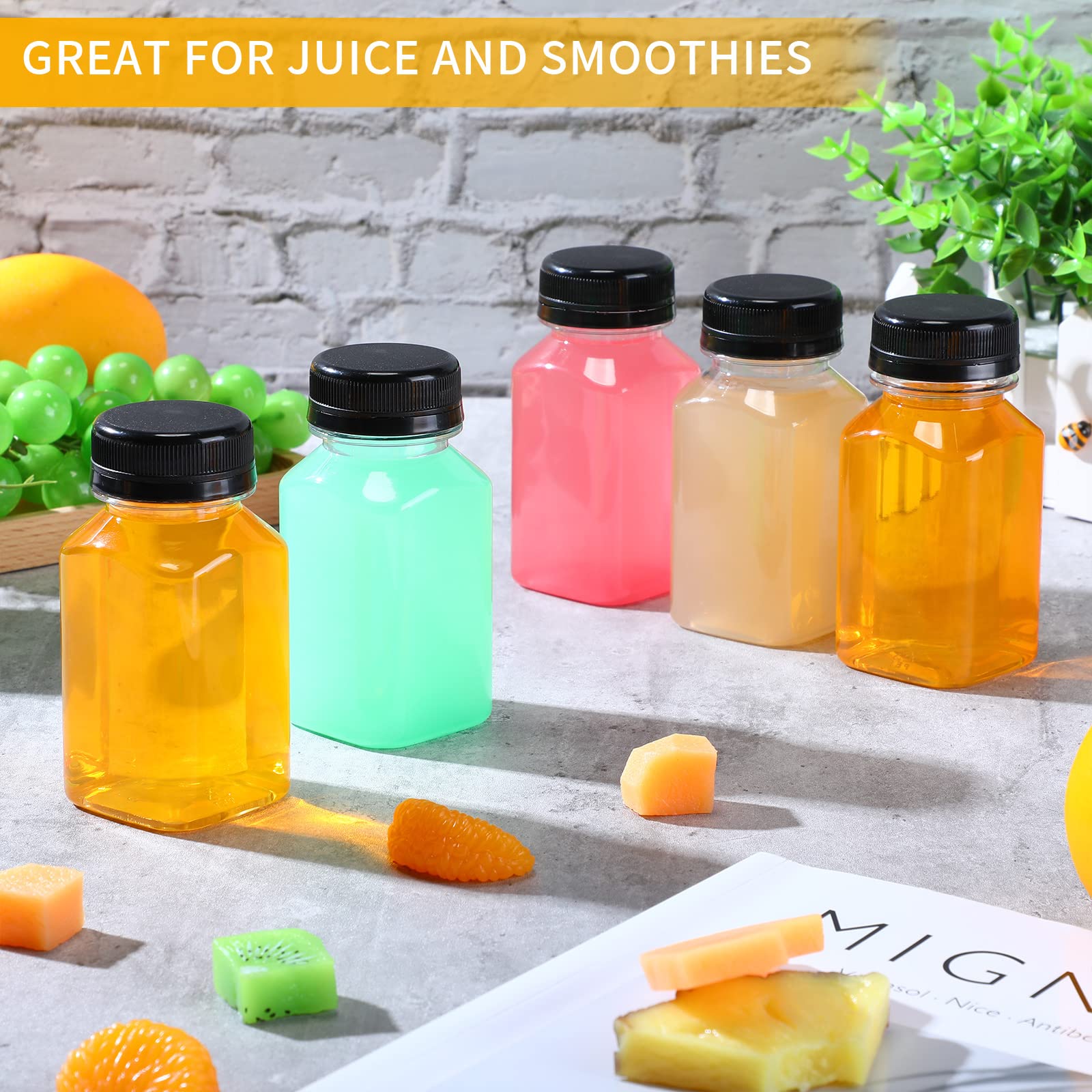 36 Pack 5 oz Plastic Juice Bottles with Lids - Reusable Clear Drink Containers for Juicing, Milk, Water & Beverages | Includes Funnel & Cleaning Brush (Black Caps) - Perfect for Home, Cafes & Meal Prep