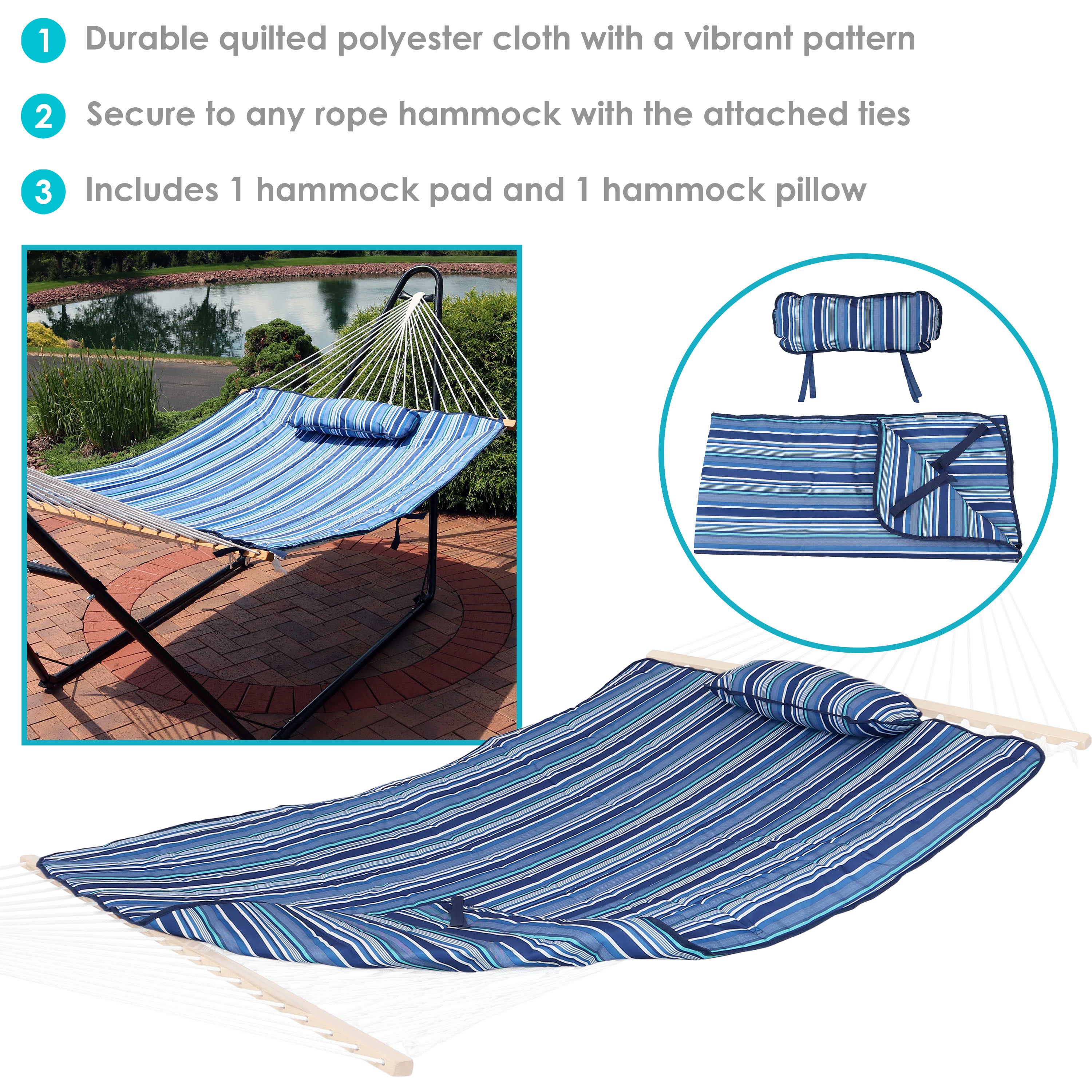 Sunnydaze Polyester Quilted Hammock Pad & Pillow Set - Waterproof Outdoor Cushion with Modern Breakwater Stripe Pattern for Patio, Poolside, Beach & Backyard Relaxation