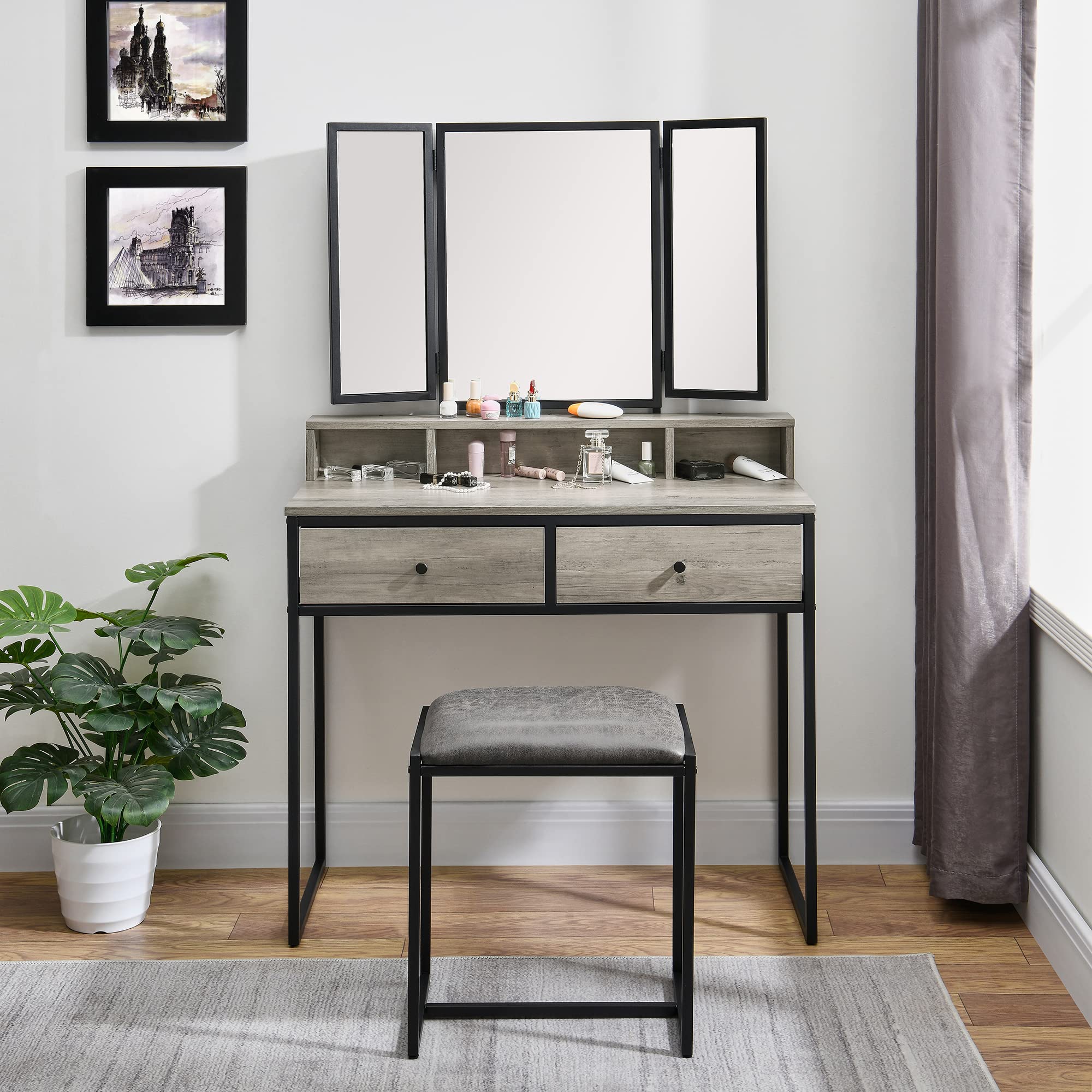 MODERION Vanity Table with Upholstered Stool Set - White Dressing Table Desk with 2 Drawers & Large Mirror | Perfect for Bedroom, Makeup Vanity & Beauty Salon Organization