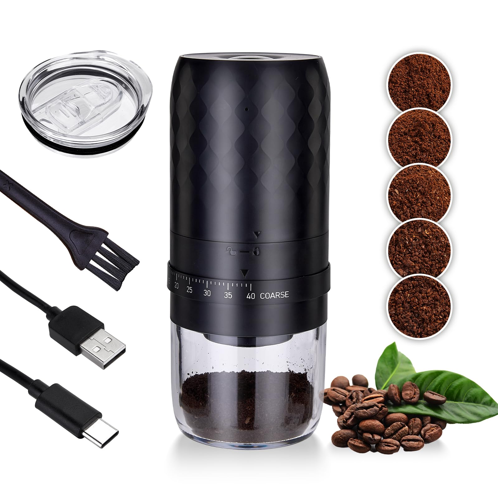 Electric Burr Coffee Grinder Portable - 40 Adjustable Grind Settings, Rechargeable Conical Burr Mill with Cleaning Brush & Ground Coffee Cup Lid - Perfect for Home, Office, Travel & Camping - Fresh Ground Coffee Anywhere