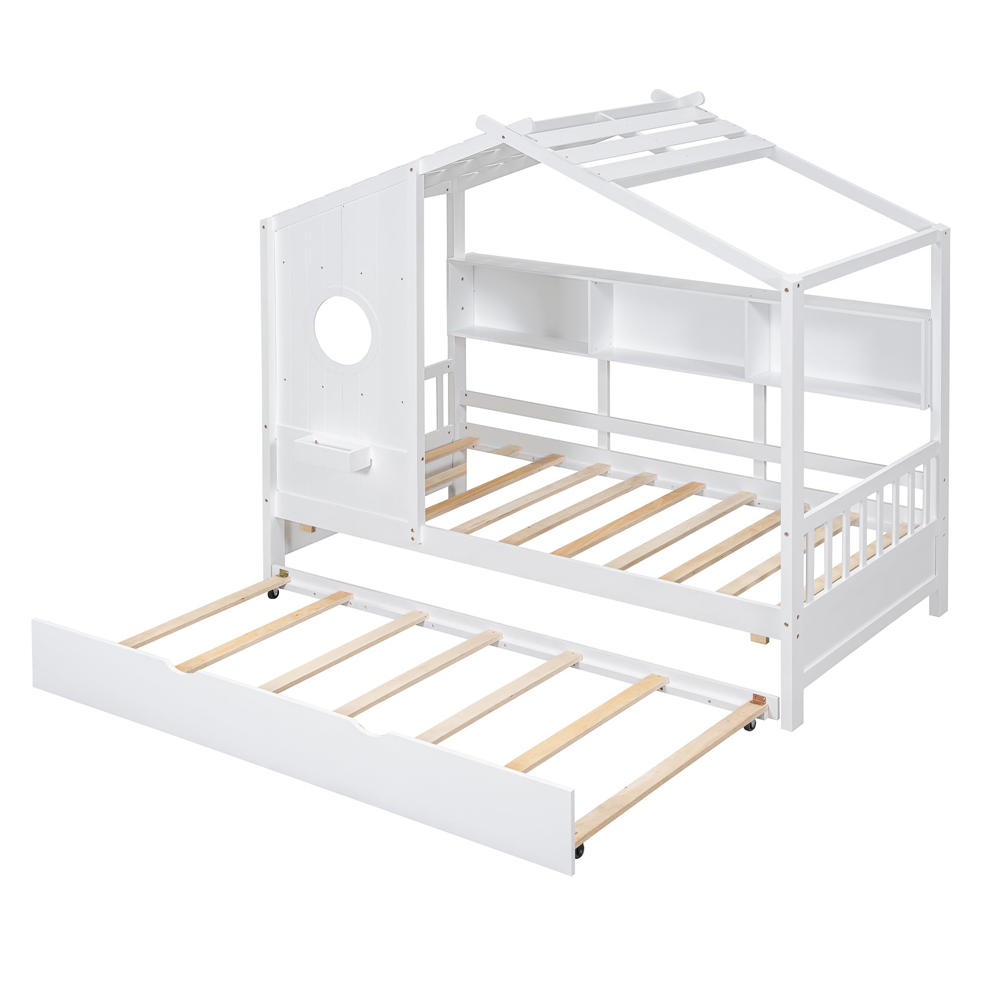 P PURLOVE Twin Size Wooden House Bed with Trundle & Storage Shelf - Modern Kids Bed Frame for Boys, Girls & Teens | Perfect for Bedrooms, Playrooms & Sleepovers