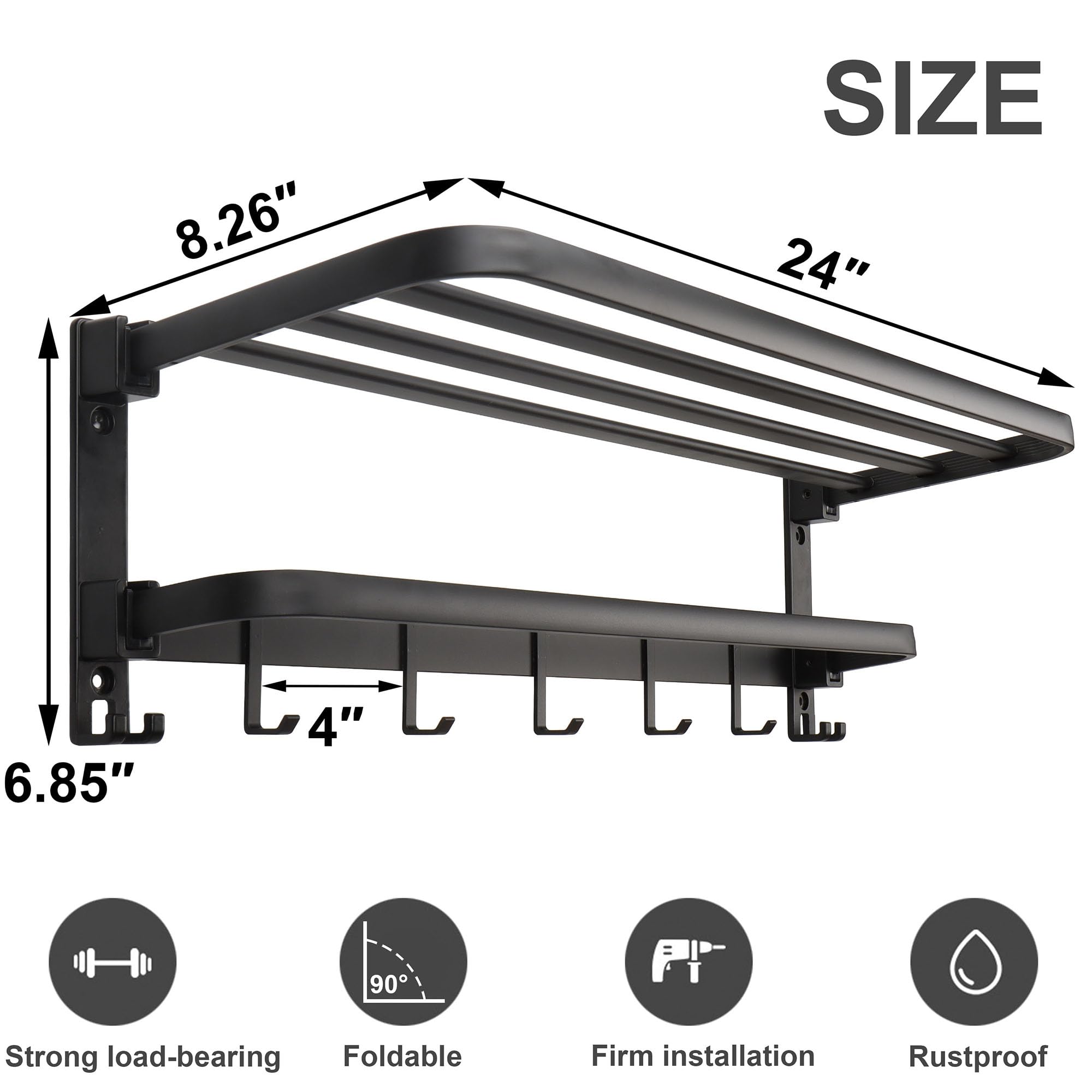Foldable Stainless Steel Towel Rack for Bathroom - 24 Inch Double Towel Bars with 7 Hooks - Wall Mounted Space Saving Towel Holder - Perfect for Small Bathrooms, Laundry Rooms & Kitchen Towel Storage (Black)
