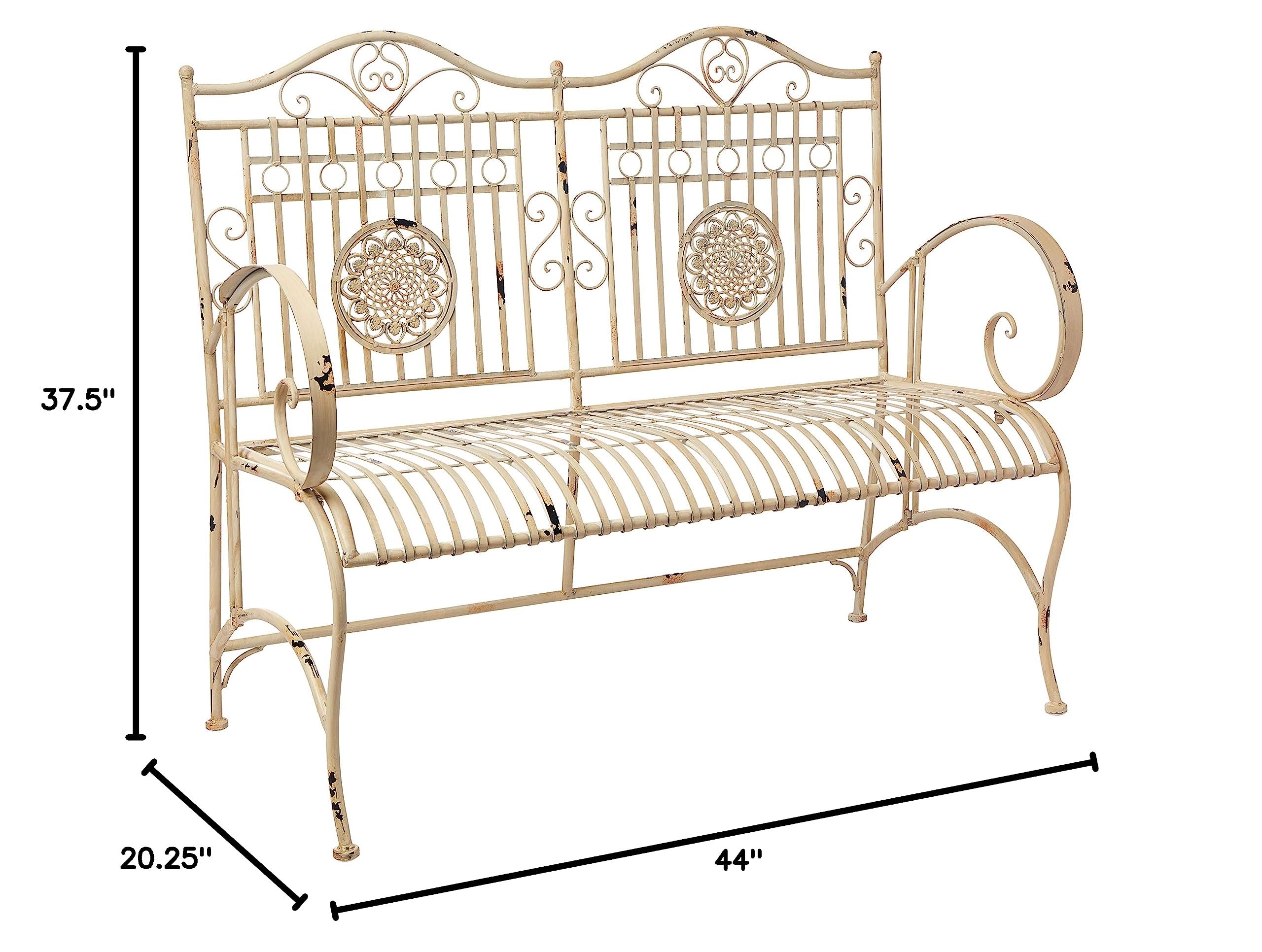 Rustic Metal Garden Bench - Distressed White Outdoor Patio Furniture for Porch, Backyard & Garden Decor | Weather-Resistant & Comfortable Seating