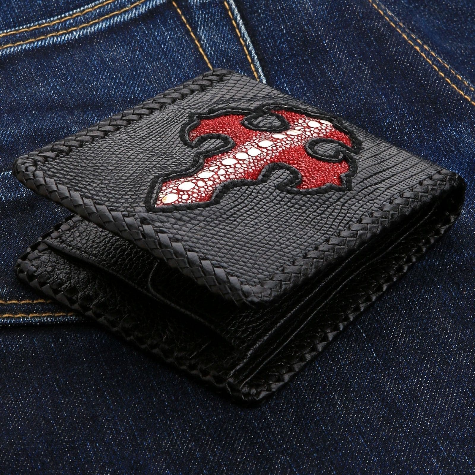 Red Stingray Cross Black Lizard Skin Leather Biker Wallet for Men - RFID Blocking Slim Wallet with Money Clip - Perfect for Motorcycle Riders & Everyday Carry