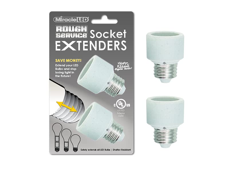 Miracle LED 1” Rough Service Premium U.L. Listed Socket Extenders - Compatible with LED, CFL & Incandescent Bulbs (2-Pack) - Ideal for Hard-to-Reach Fixtures, Ceiling Fans & Outdoor Lighting