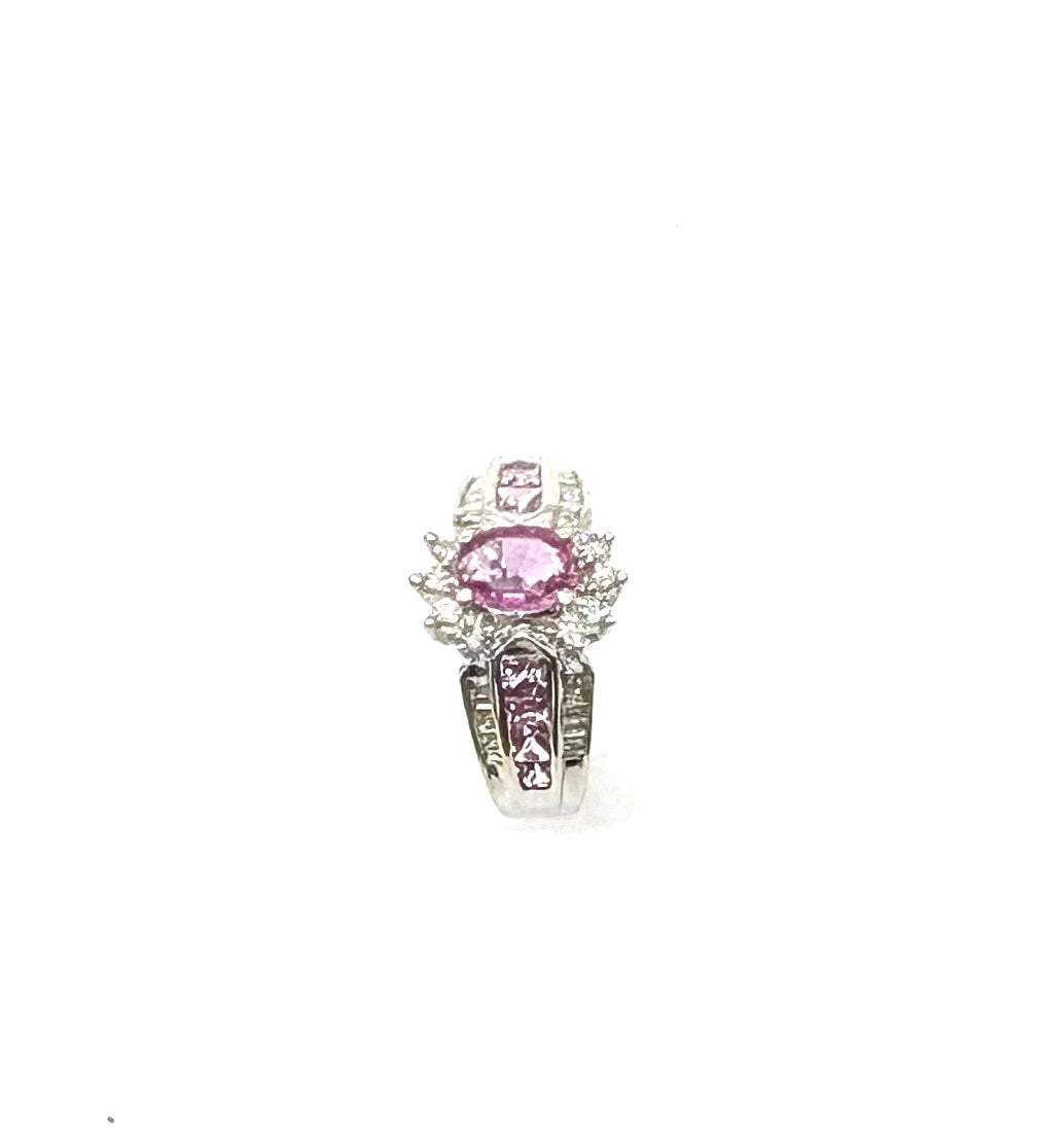 14K White Gold Diamond & Pink Stone Halo Engagement Ring for Women - Elegant Wedding, Anniversary, or Promise Ring Gift Idea