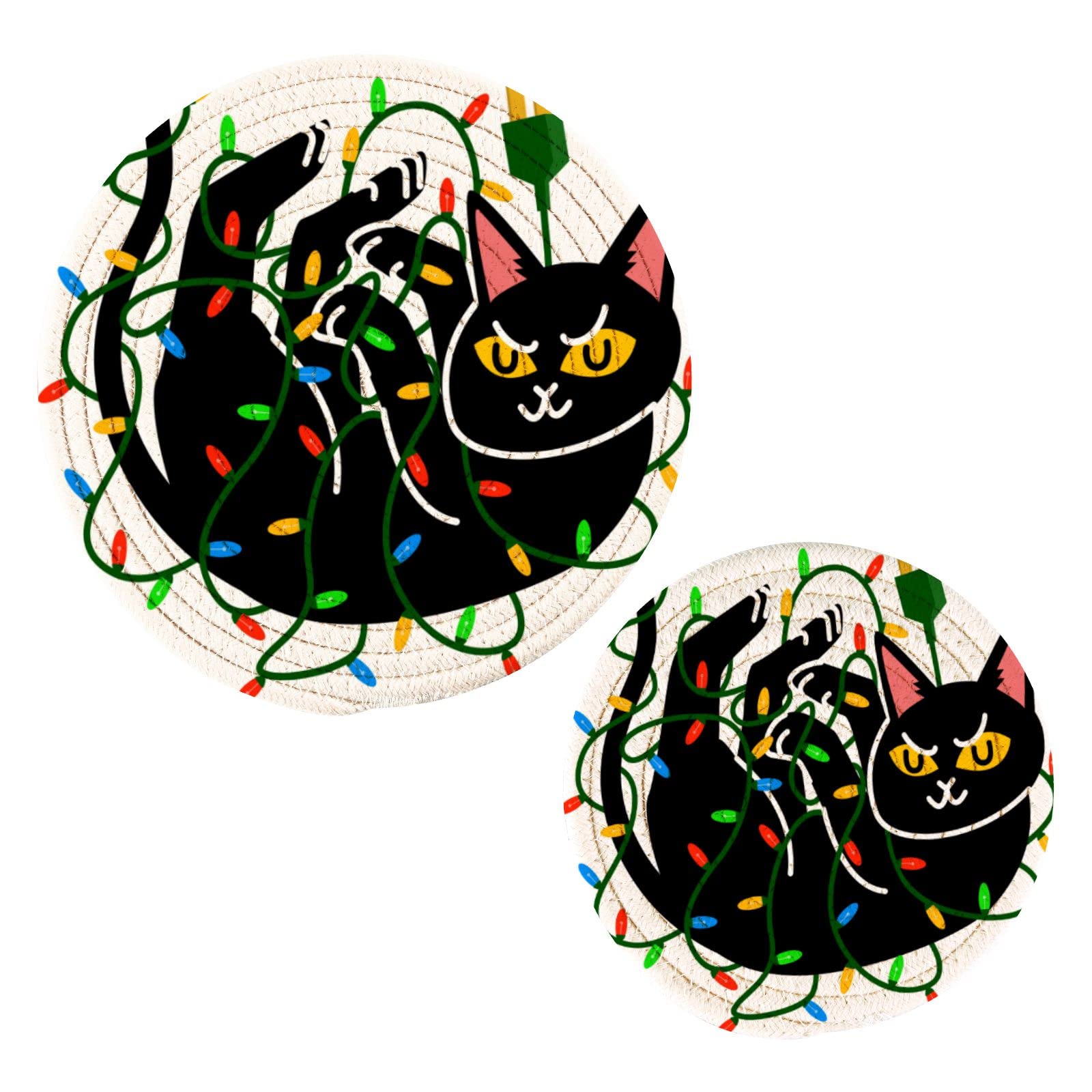 Funny Black Cat Pot Holders Set of 2 - Heat Resistant Kitchen Trivets for Hot Dishes, Pans & Bowls - Colorful Cotton Woven Hot Pads for Cooking & Decor - Perfect for Thanksgiving, Christmas & Home Decor Gifts