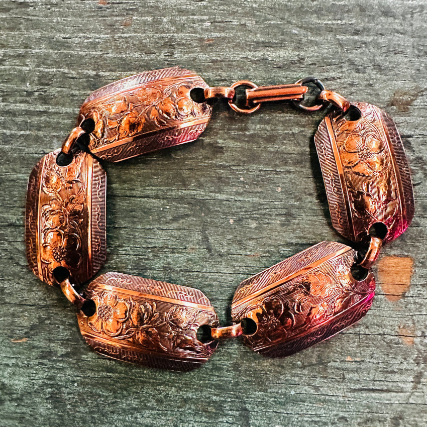 Vintage Embossed Solid Copper Panel Bracelet - Handmade Boho Jewelry for Women, Unique Gift for Her - Perfect for Festivals, Parties & Everyday Wear