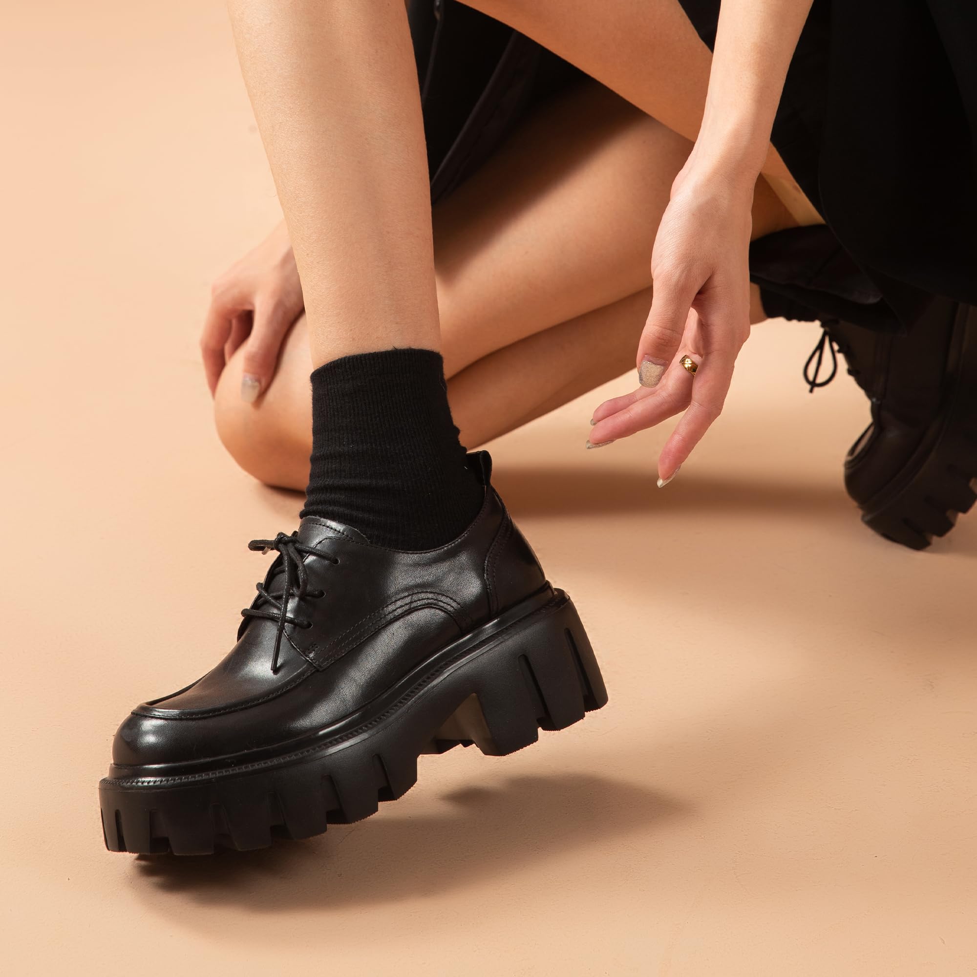 BEAU TODAY Women's Chunky Leather Lace-Up Oxford Shoes - Comfortable Platform Office Dress Shoes for Business, Work & Casual Wear | Perfect for Professional Outfits, Daily Commute & Smart Casual Occasions