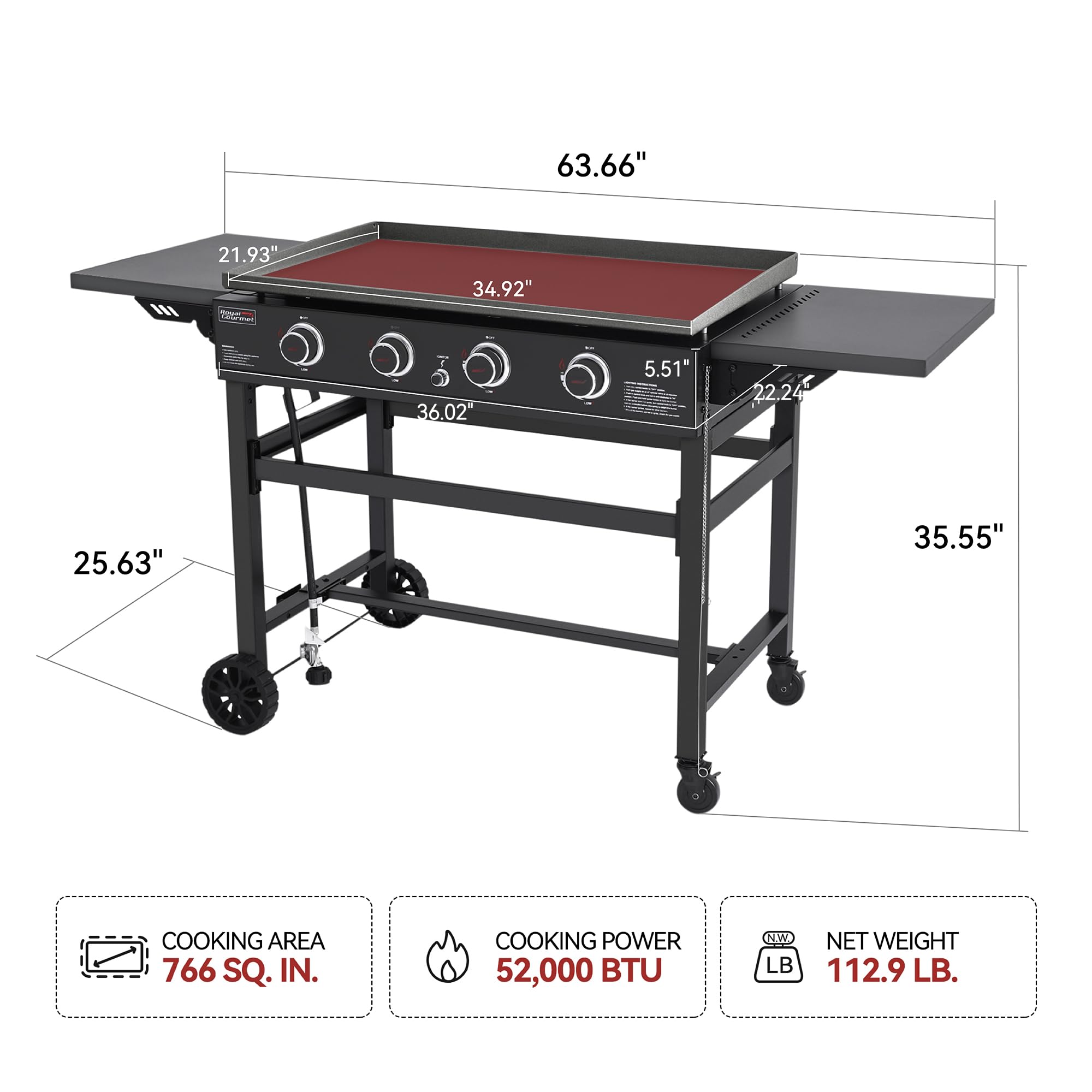 Royal Gourmet GB4001C-N 35 Inch 4-Burner Propane Gas Griddle with Cover - 52,000 BTU Outdoor Flat Top Grill with Foldable Side Tables - Perfect for Backyard BBQs, Tailgating & Camping - Black