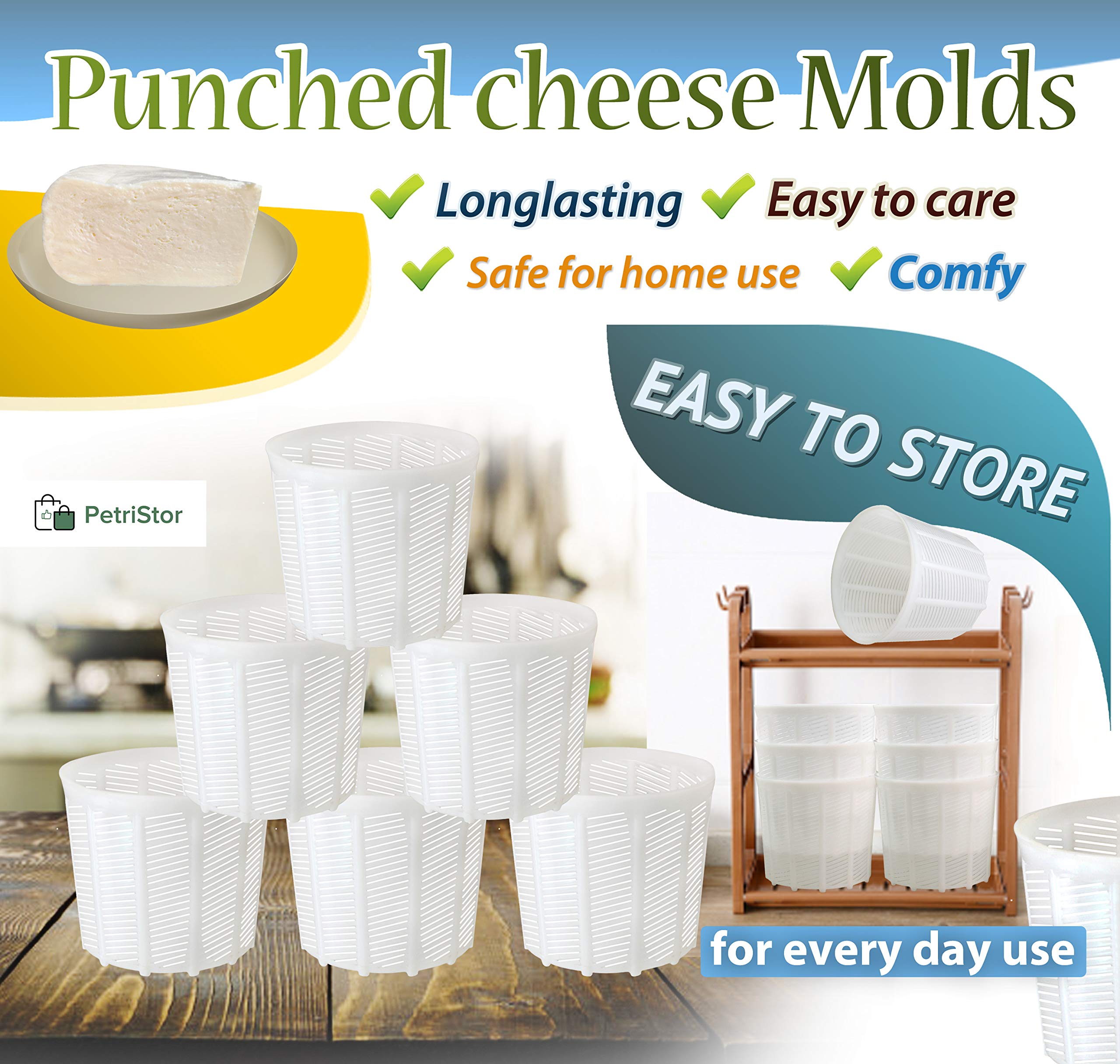 PetriStor 6-Piece Soft Cheese Mold Set for Homemade Cheese Making - 1.85QT Cream Cheese & Feta Mold - Stainless Steel Cheese Form Basket - DIY Cheese Making Supplies for Fresh Cheese, Mozzarella & Ricotta - Perfect for Home Cheesemaking, Gifts & Culinary Classes