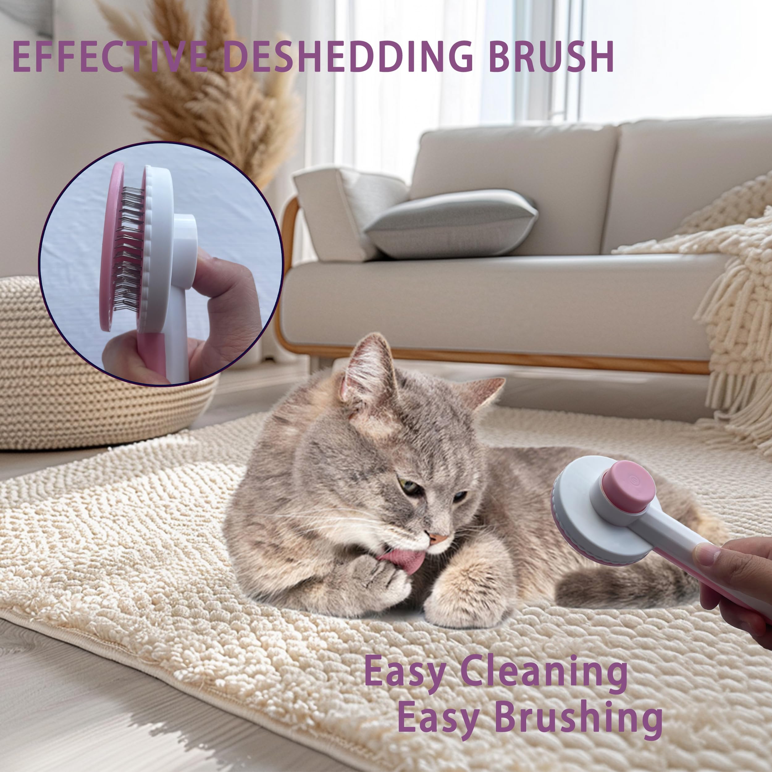Premium Cat Grooming Brush Kit - 6-in-1 Deshedding & Dematting Tools for Long/Short Hair Cats | Self-Cleaning Slicker Brush & Flea Comb for Cats & Kittens (Pink) | Perfect for Home Pet Care & Professional Grooming