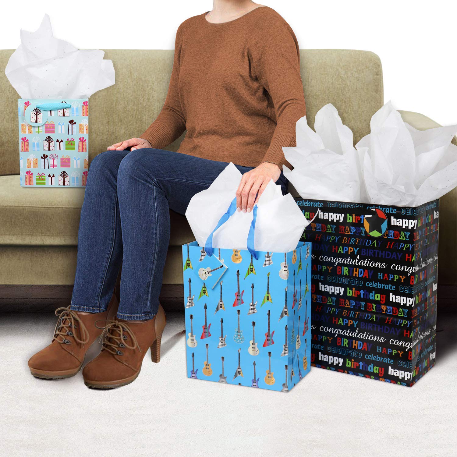 12-Piece Birthday Gift Bags Set - Large, Medium & Small Assorted Sizes for Boys, Girls, Women & Men - Perfect for Parties, Baby Showers & Holiday Gifting