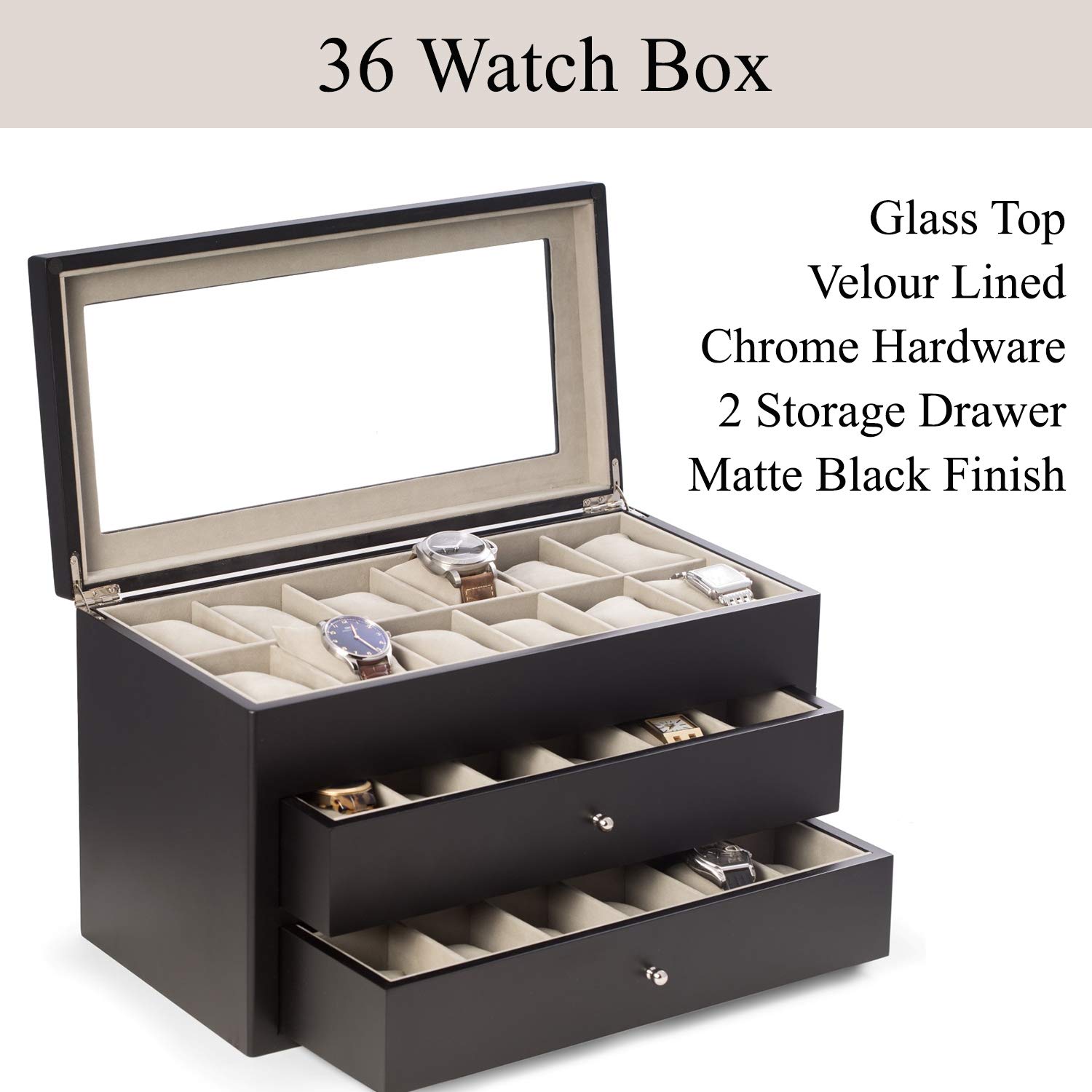 Bey-Berk 36-Slot Custom Personalized Luxury Wooden Watch Box Organizer - Large Watch Display Case for Men & Women - Perfect for Watch Collections, Gifts, and Home Decor