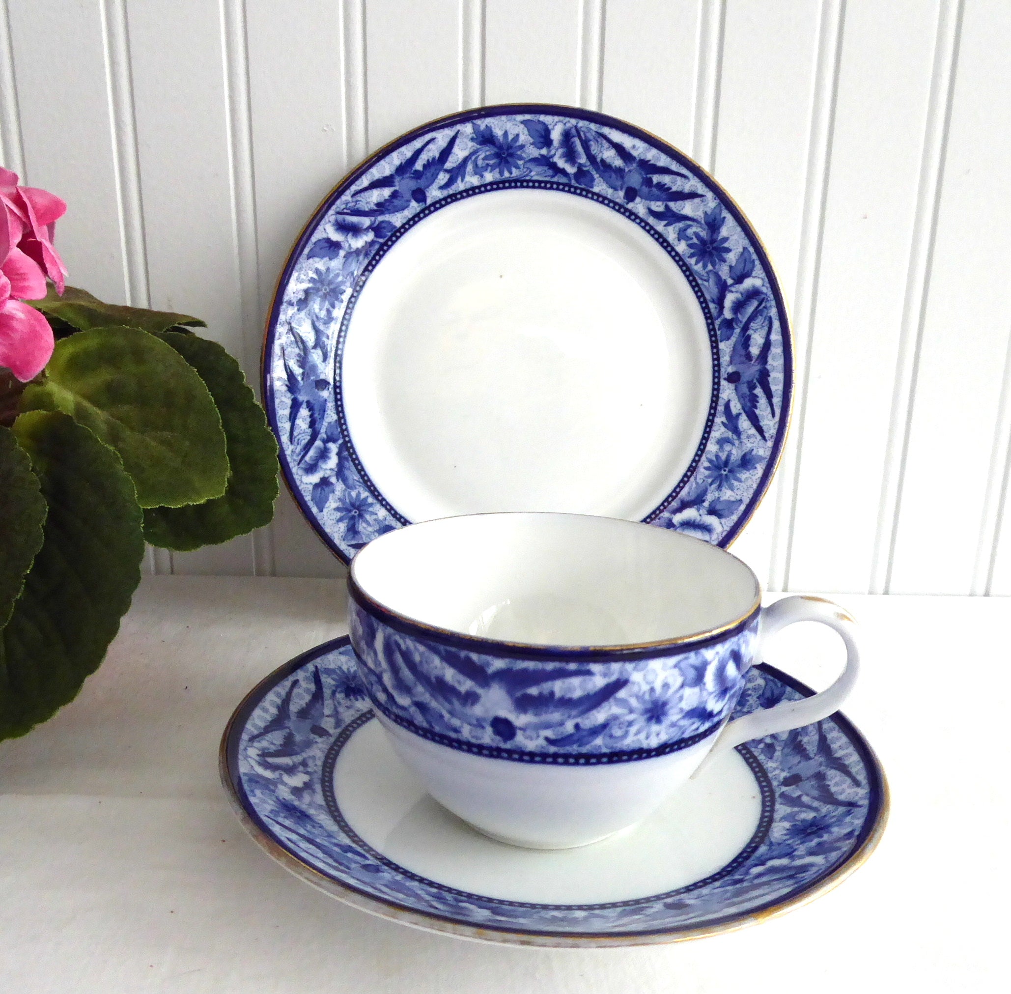 Vintage Shelley Blue Swallows Teacup Trio - Bute Shape Cup, Saucer & Plate Set, Edwardian Era 1906 - Perfect for Afternoon Tea, Collectible Fine China, English Tea Party Decor