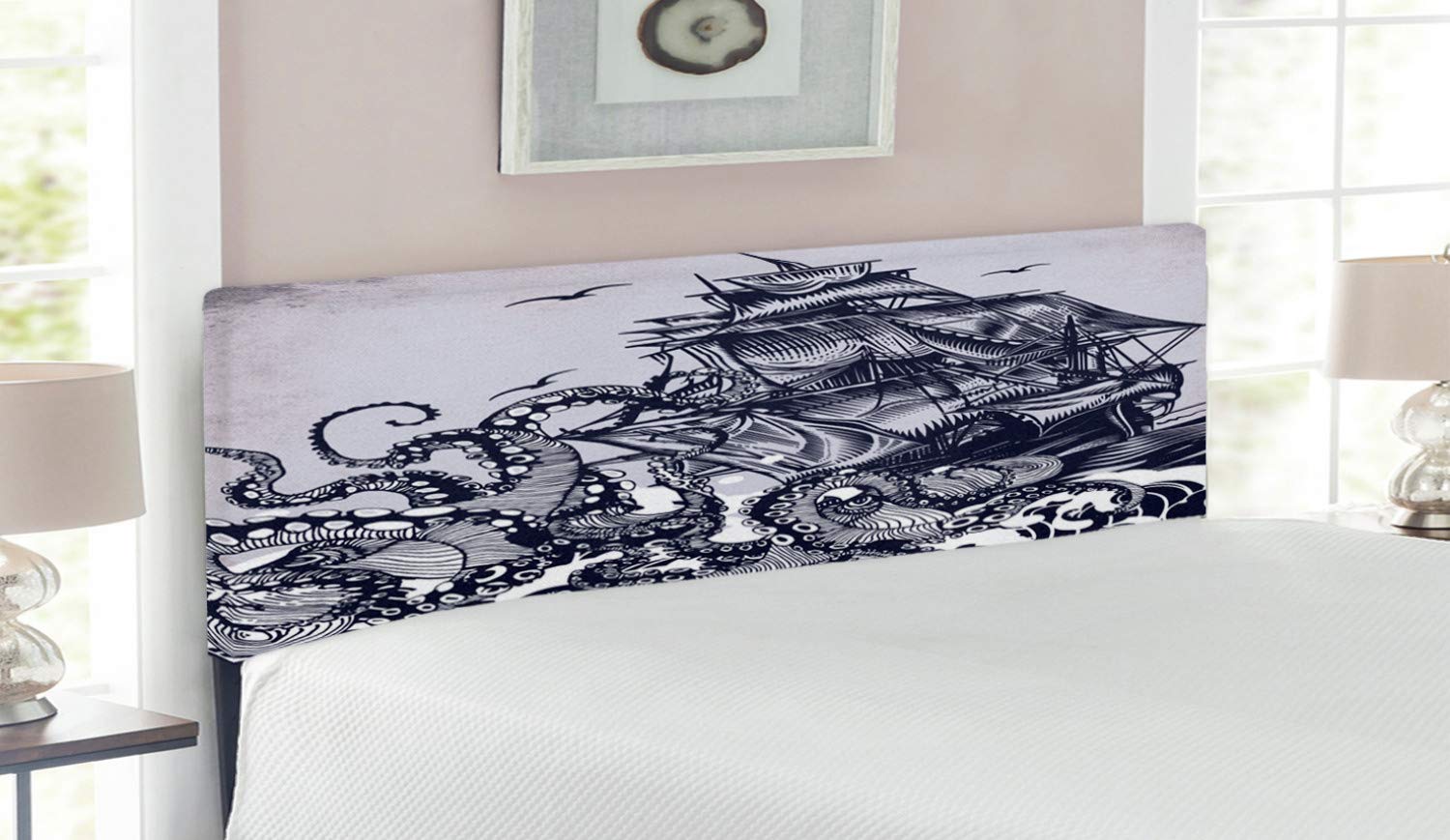 Ambesonne Nautical Queen Size Headboard - Kraken Octopus Tentacles & Sailboat Design with Memory Foam, Indigo Purpleblue Upholstered Metal Bed Frame for Coastal & Ocean Themed Bedrooms | Perfect for Beach House Decor & Nautical Style Home Interiors