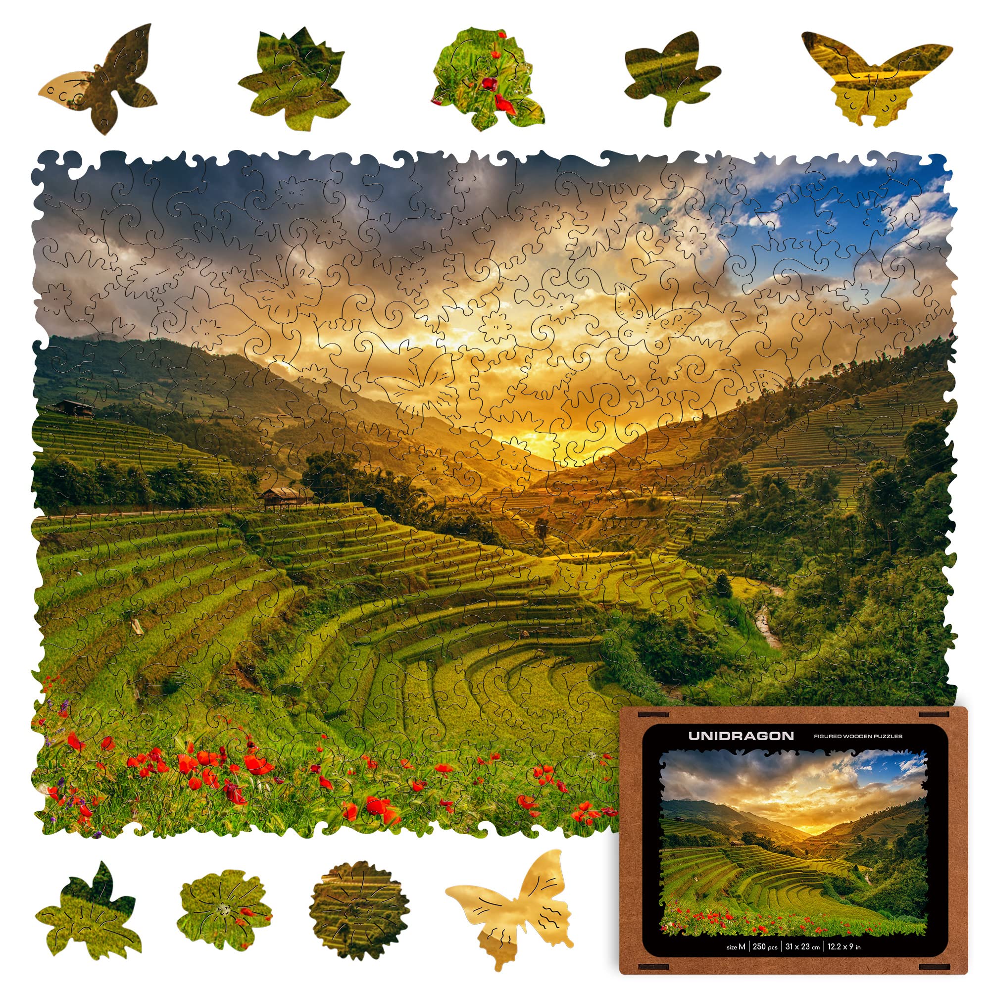 UNIDRAGON Original Wooden Jigsaw Puzzle - 250 Piece Nature Rice Fields Landscape, Medium 12.2x9 Inches, Unique Shaped Pieces, Beautiful Gift Box - Perfect for Adults & Kids, Family Game Night, Stress Relief & Home Decor