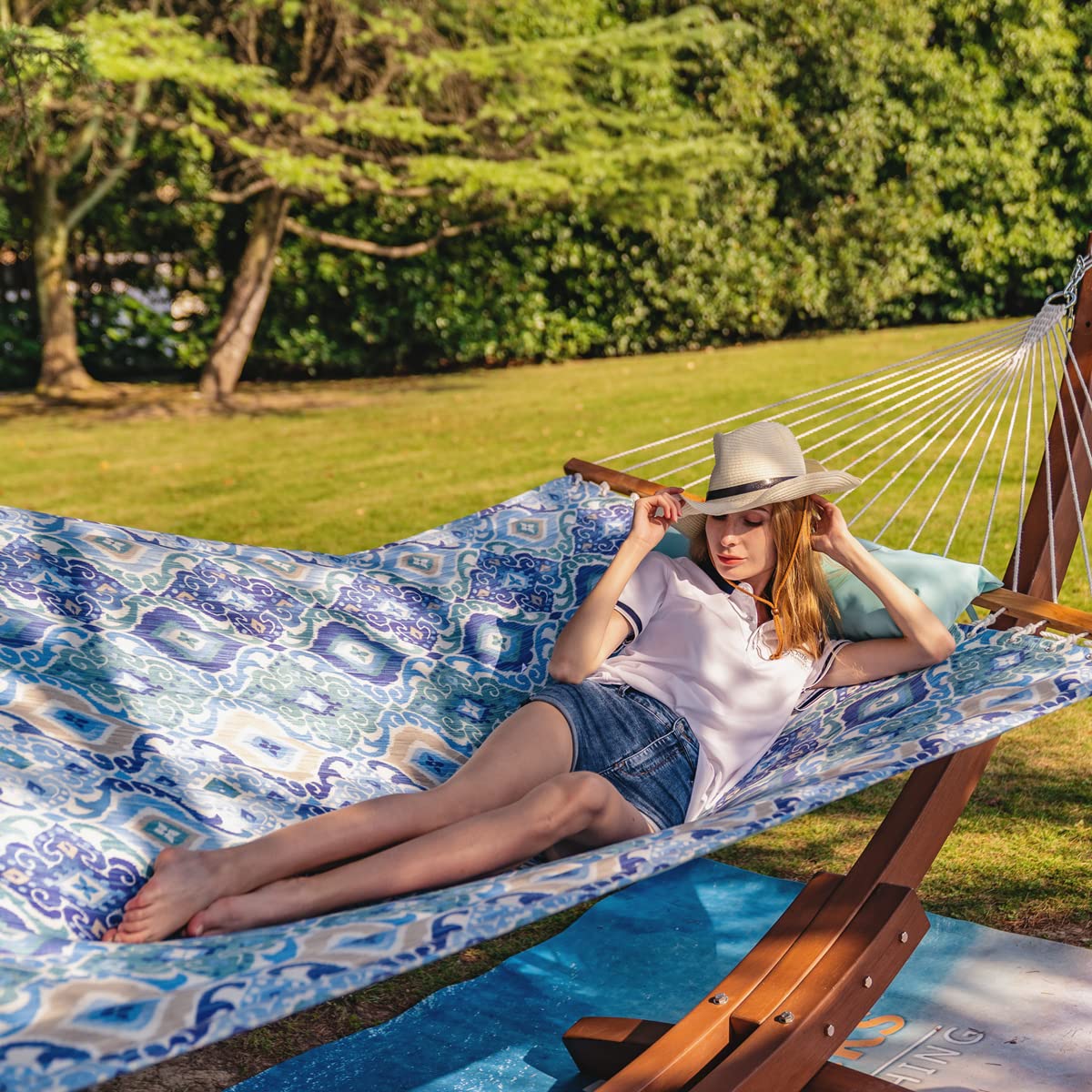 Lazy Daze 12FT Double Hammock with Pillow - 2 Person Quilted Fabric Hammock with Spreader Bar for Outdoor, Patio, Garden, Yard, Pool & Beach - Perfect for Relaxing, Camping, and Backyard Lounging