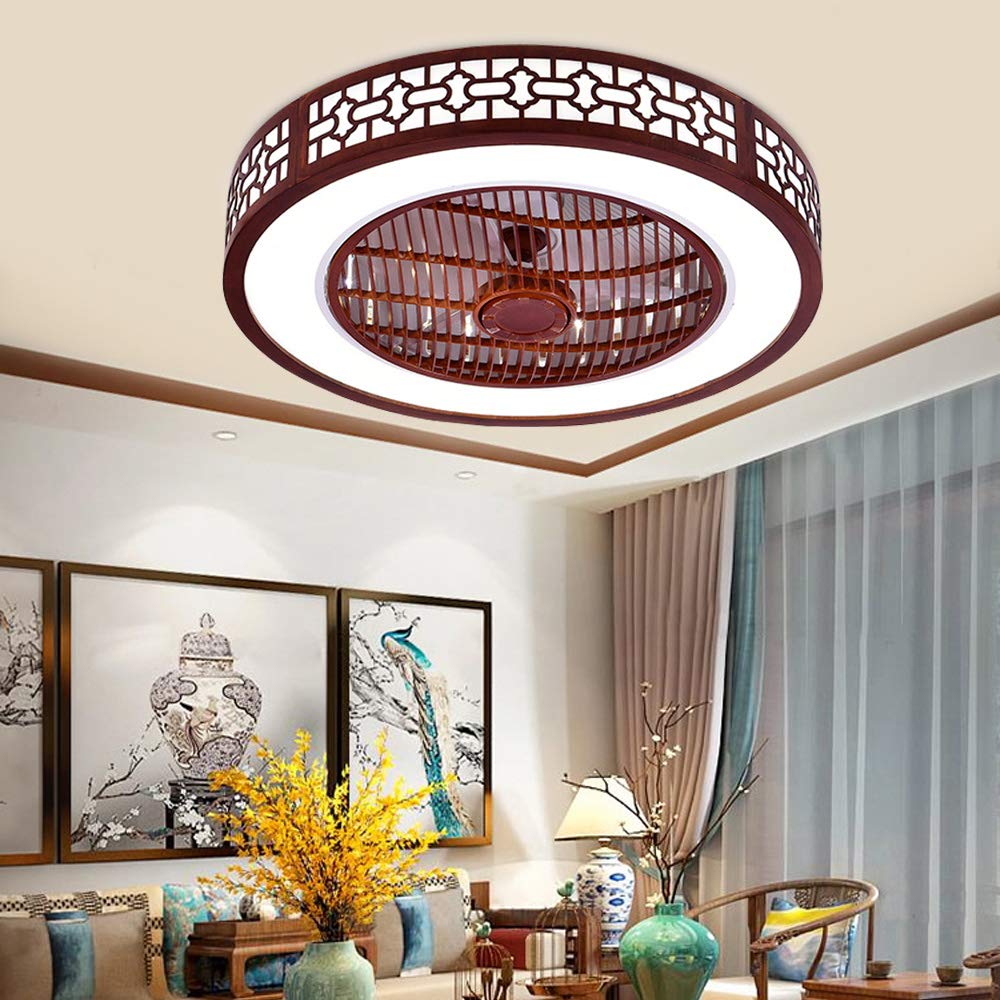 22 Inch Chinese Style Ceiling Fan with Lights - Flush Mount Invisible Chandelier Fan with Remote Control, 2 Colors & 3 Speeds - Perfect for Living Room, Bedroom, Dining Room (Wooden Blades)