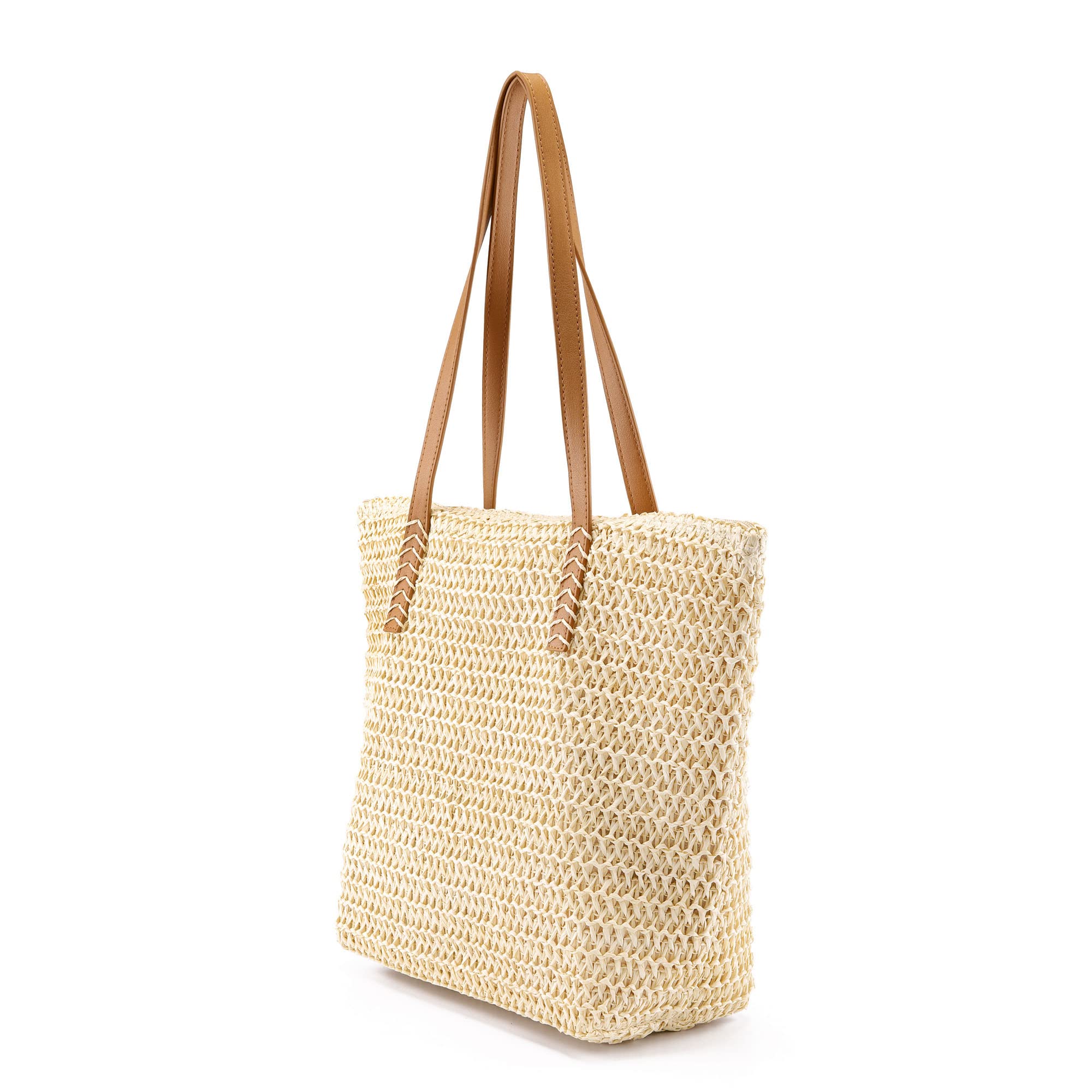 Stylish Woven Straw Tote Bag for Women - Summer Beach Bag with Zip Closure, Perfect for Shopping, Travel & Holiday Use | Fashionable Shoulder Handbag for Market, Picnic & Outdoor Activities