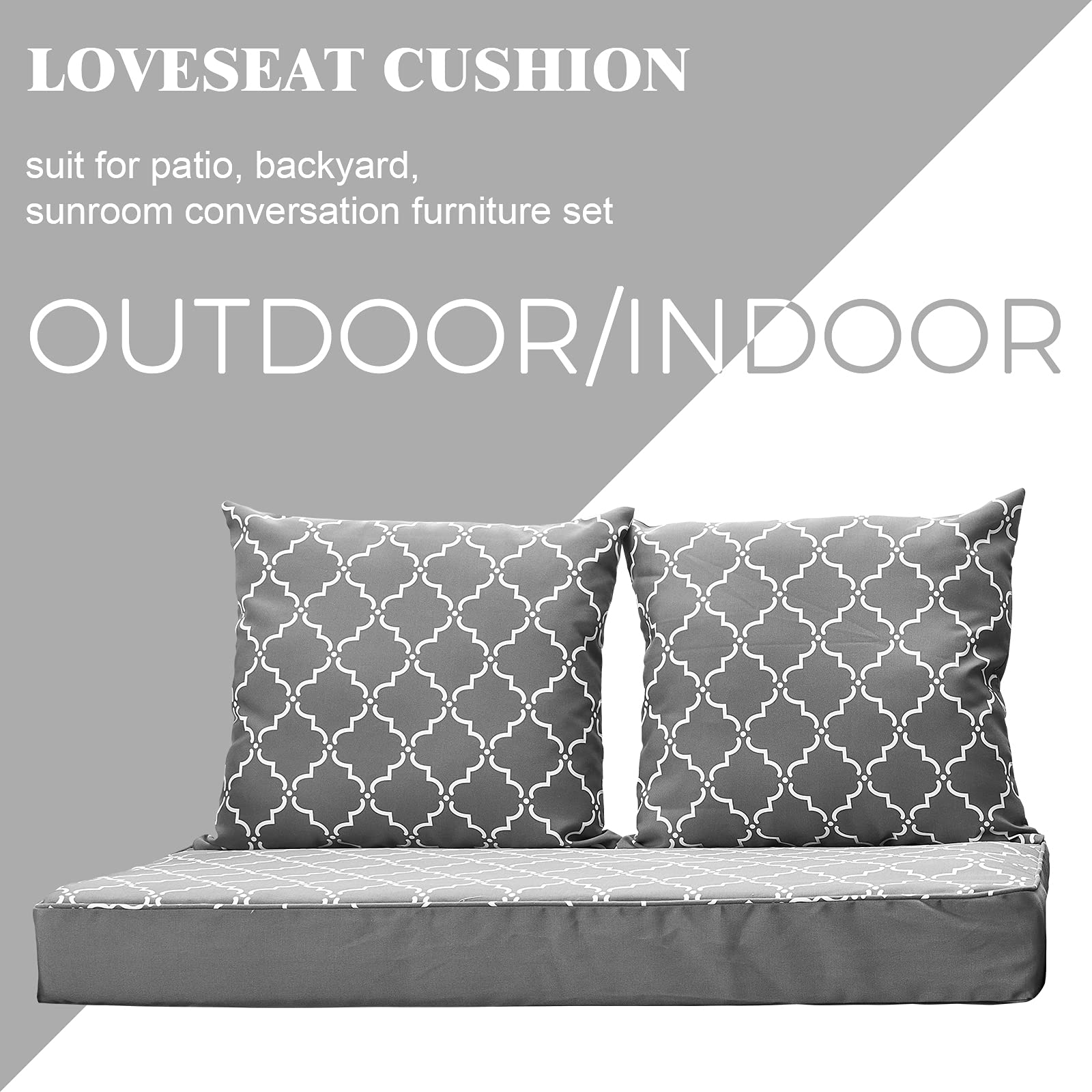 24×48 Inch Indoor Outdoor Loveseat Cushion Set - 3-Piece Gray Patio Furniture Replacement Cushions with Removable Cover for Deep Seating Bench | Perfect for Backyard, Deck, Poolside & Sunroom Relaxation