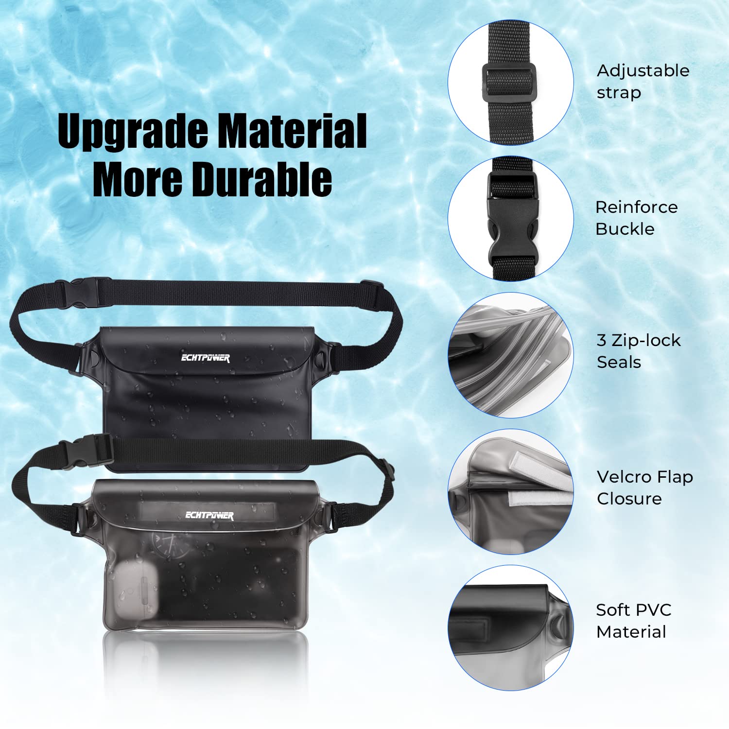 ECHTPower 2-Pack Waterproof Pouch Bag - Adjustable Waist Strap Dry Bag for Swimming, Beach, Kayaking, Boating & Outdoor Activities | Perfect for Water Sports, Travel & Adventure