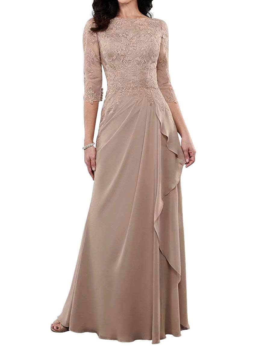 Elegant Mother of The Bride Dresses - Long Formal Evening Gown with 3/4 Sleeves, Lace Applique & Ruffles - Perfect for Weddings, Galas & Special Occasions