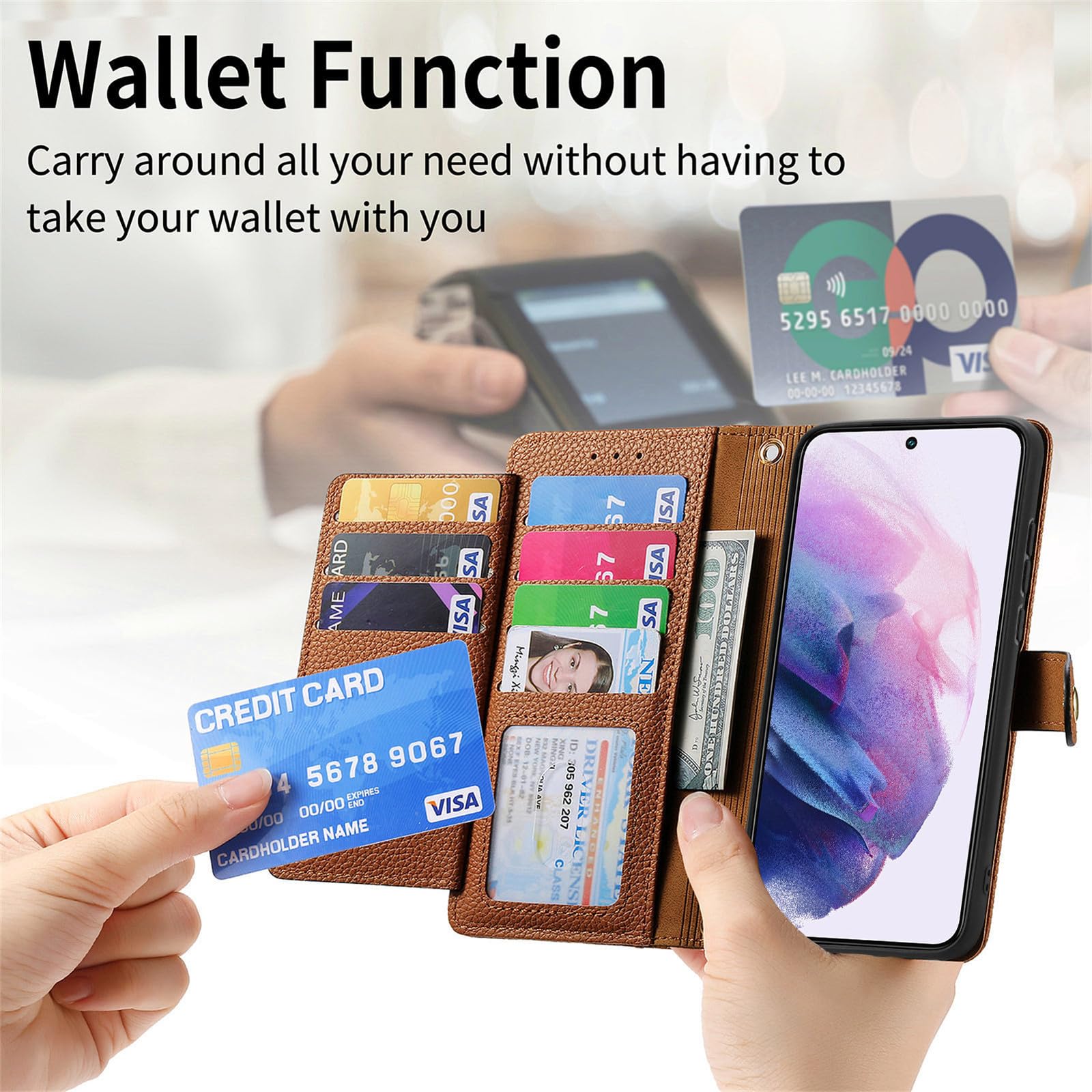 Premium RFID Blocking Wallet Case for Samsung Galaxy S25 Ultra 5G - PU Leather Phone Cover with Zipper Pocket & Adjustable Crossbody Strap (Brown) | Perfect for Travel, Shopping & Everyday Protection