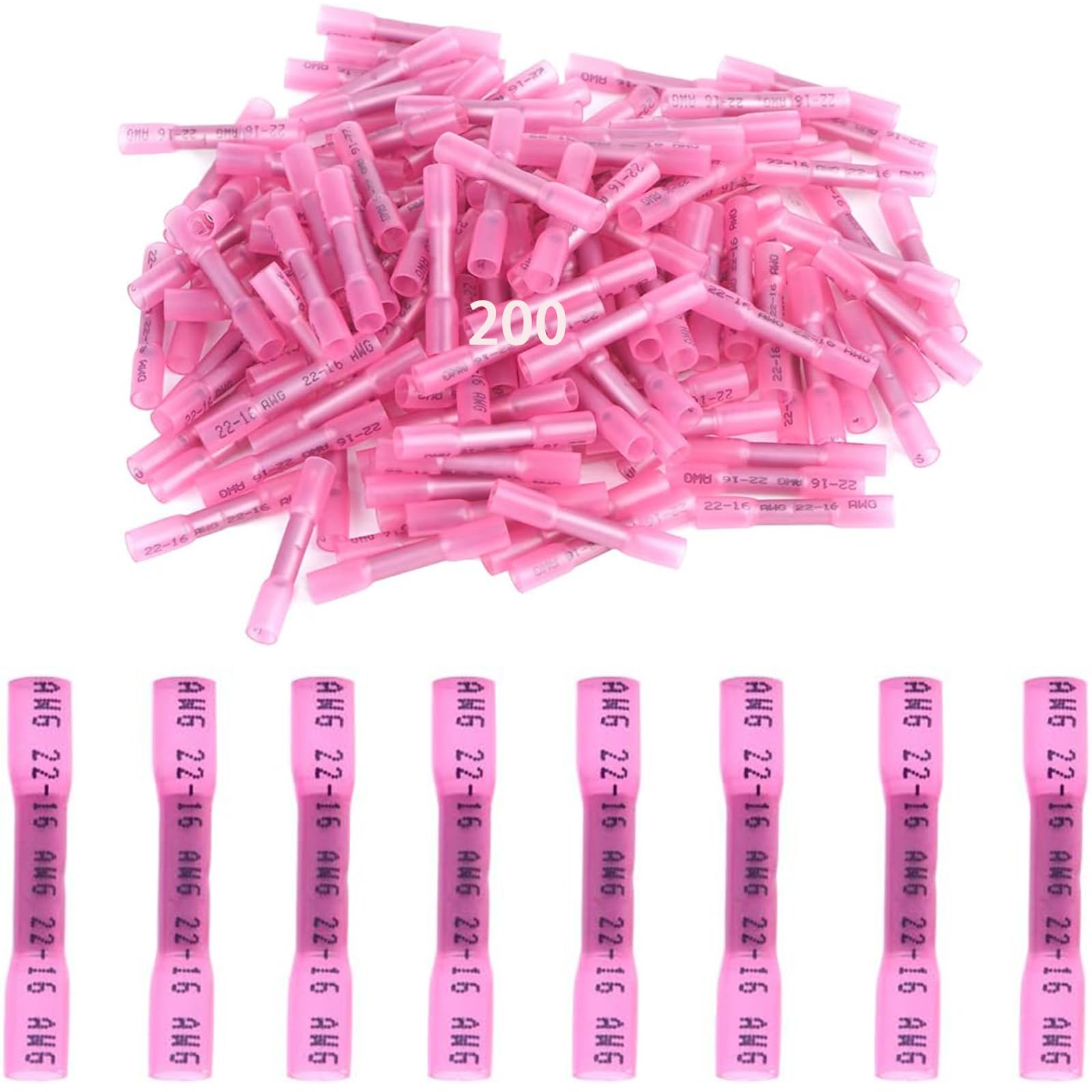 200 PCS Heat Shrink Butt Connectors Kit - 22-16 AWG Red Insulated Waterproof Electrical Wire Connectors for Marine, Automotive & DIY Projects - Secure Crimp Terminals for Wiring, Electrical Repairs & Waterproof Connections