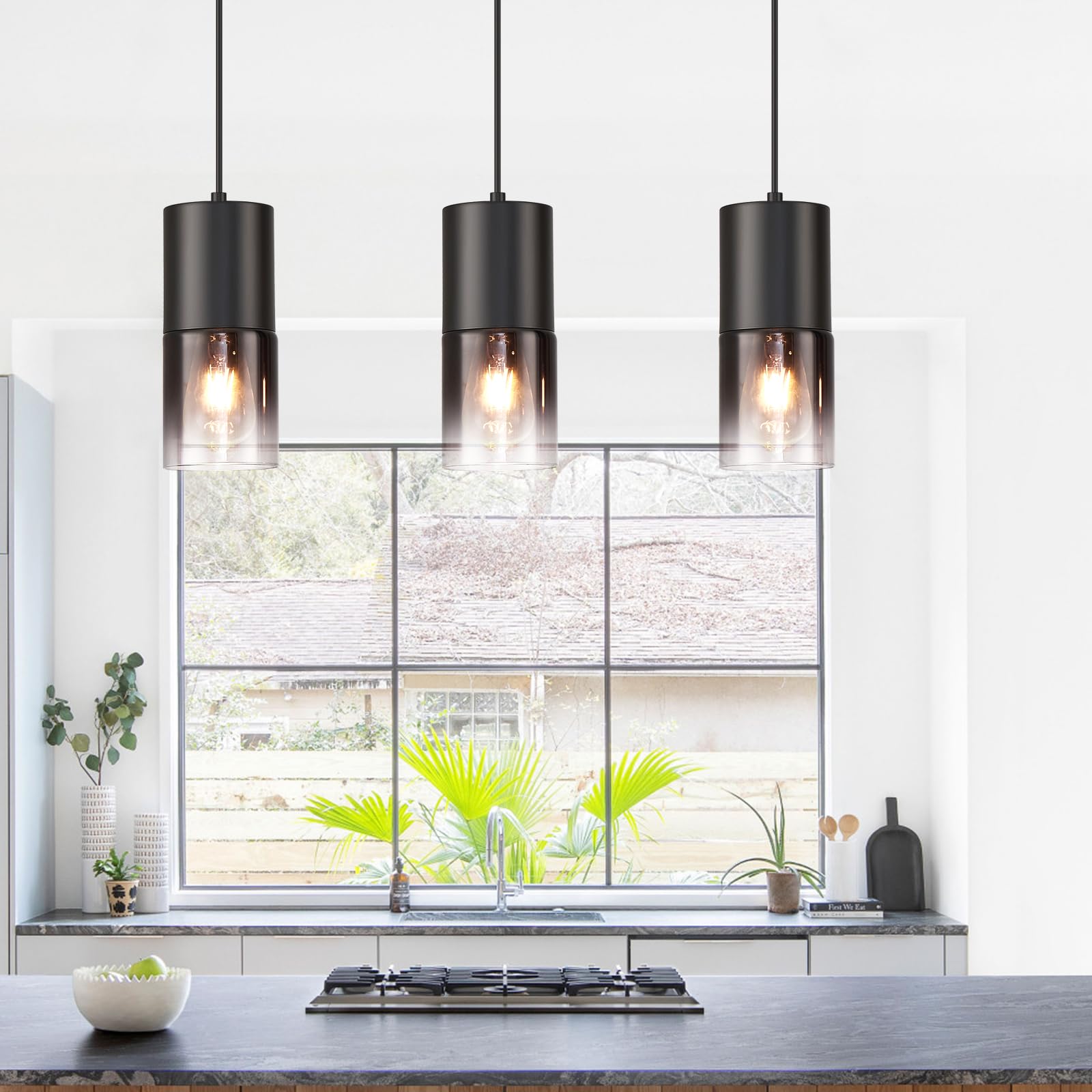Industrial Black Glass Pendant Light - Farmhouse Kitchen Island Chandelier with 3 E26 Bulbs & 59