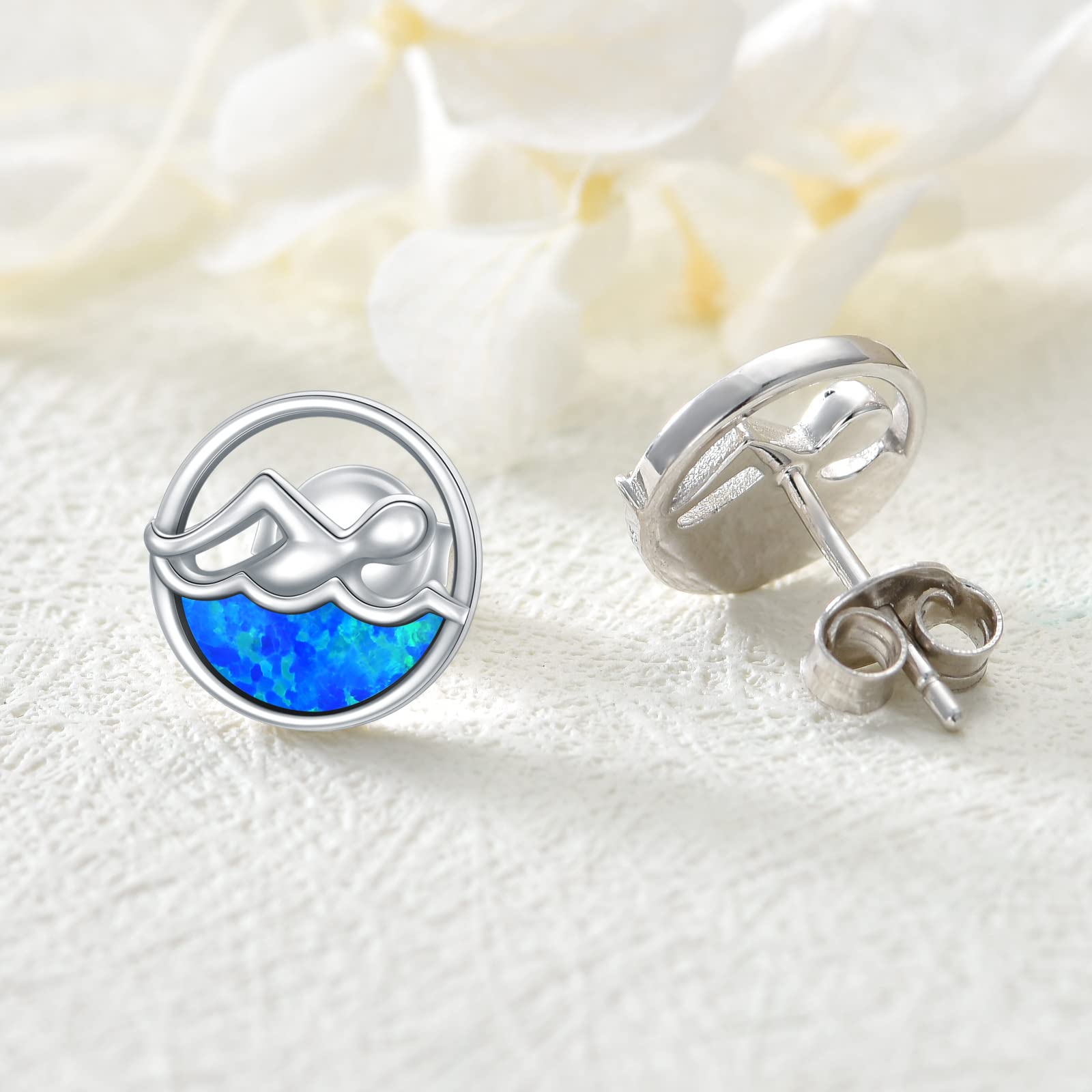 YAFEINI Sterling Silver Opal Stud Earrings for Women - Waterproof Swim Jewelry for Swimming, Beach & Pool Activities
