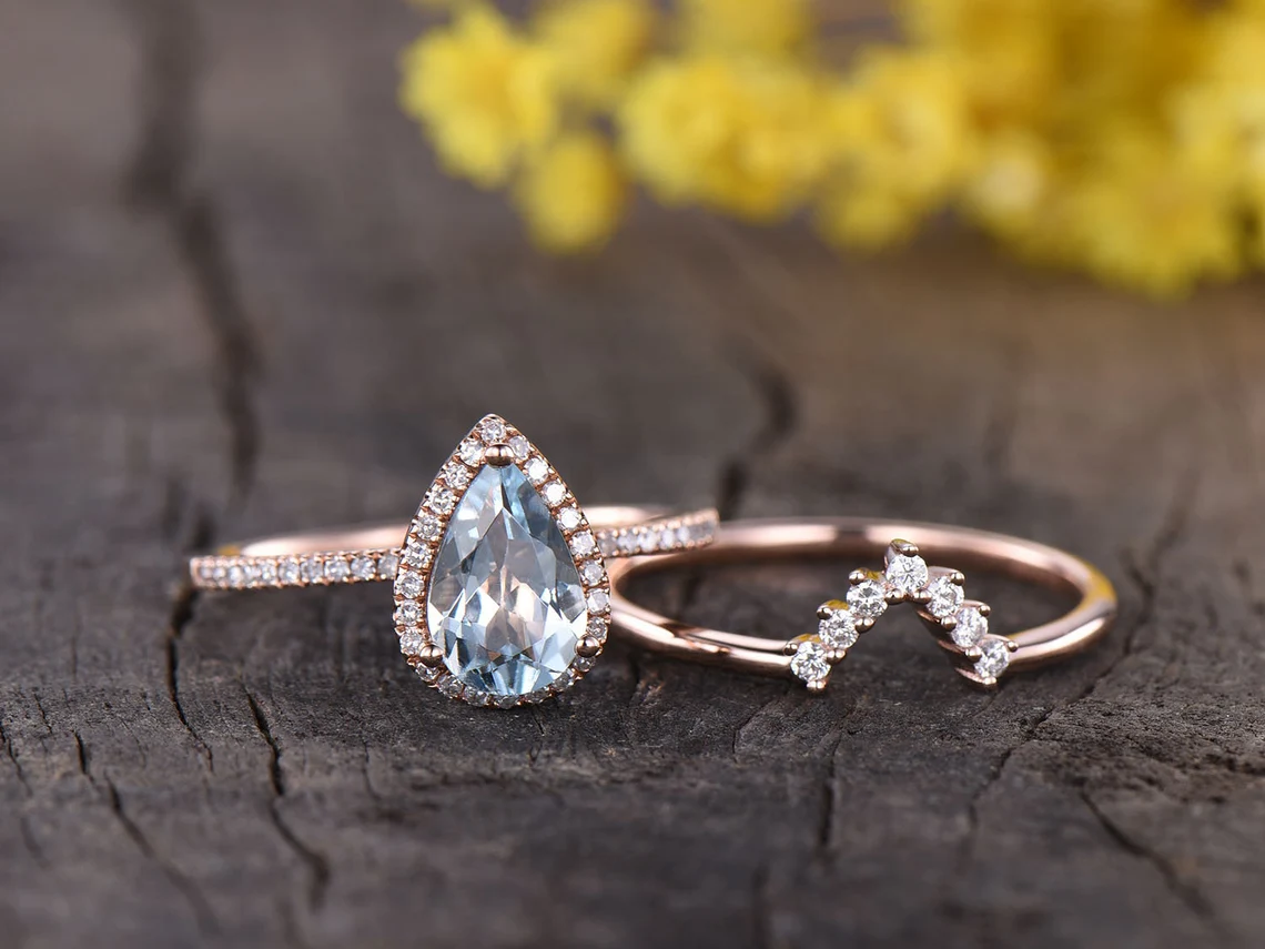 14K Rose Gold Pear Halo Aquamarine & Diamond Engagement Ring Set - 0.33ct Diamond Frame for Wedding, Proposal & Anniversary Gifts | Elegant Bridal Jewelry