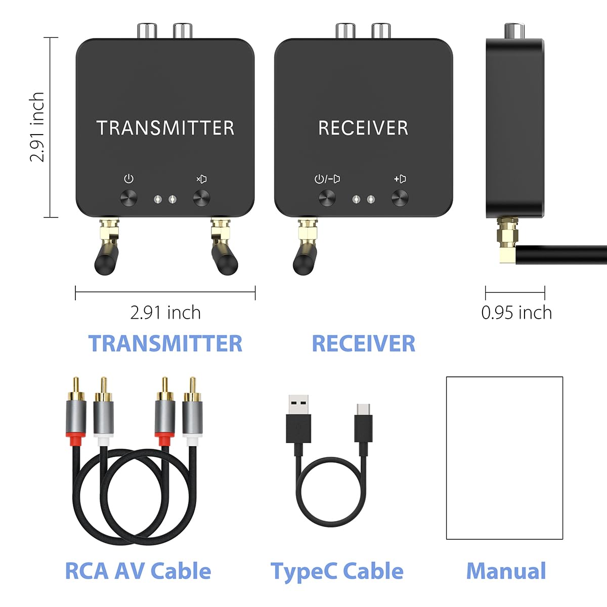 5.8GHz & 5.2GHz Dual-Band Wireless Audio Transmitter and Receiver Kit for TV/PC - 160ft Long Range, 0.018s Low Latency, Built-in Bluetooth 5.3, RCA (3.5mm) Input/Output - Perfect for Home Theater, Gaming, and Wireless Audio Streaming