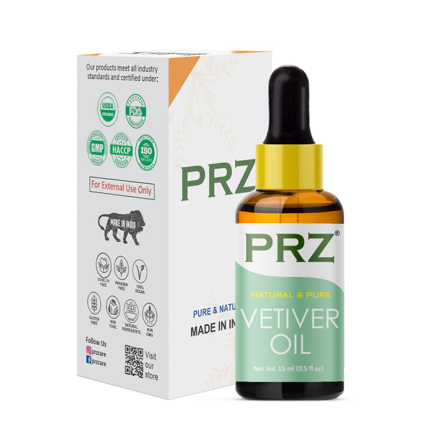 PRZ Vetiver Essential Oil - 100% Pure Natural Therapeutic Grade for Aromatherapy, Skin & Hair Care, 15ml - Perfect for Diffusers, Massage & DIY Beauty Products