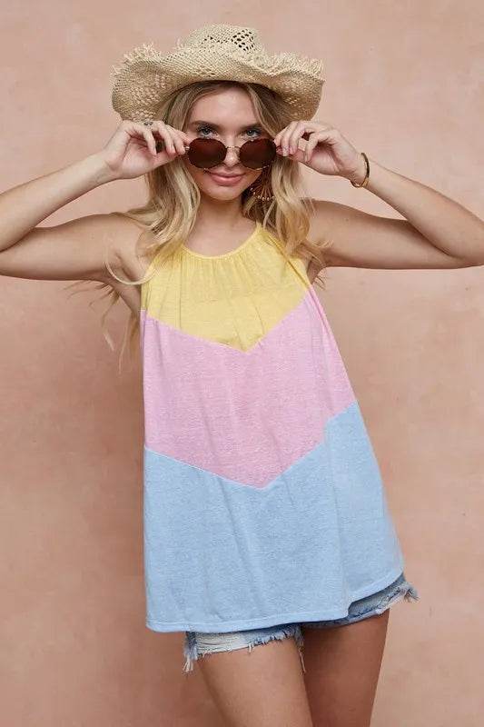 BiBi Triblend Knit Color Block Halter Neck Top - Women's Fashion Casual T-Shirt for Summer, Beach & Party Outfits