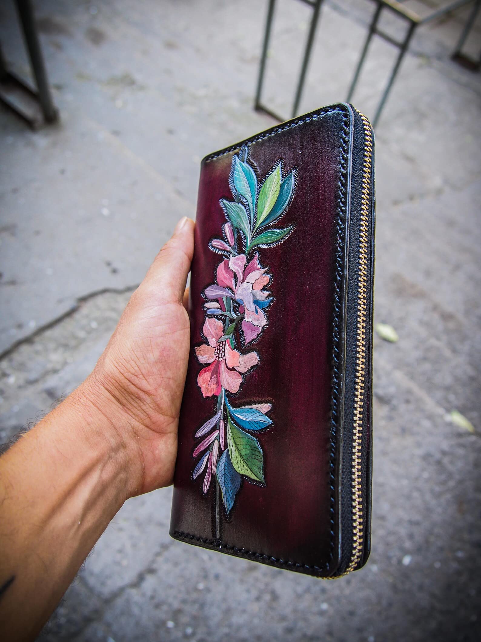 Men's 3D Genuine Leather Wallet - Floral Carved Zip Biker Clutch Wallet with Airbrush Art | Handmade Custom Personalized Tooled Leather Wallet for Everyday Use, Travel & Gift Giving